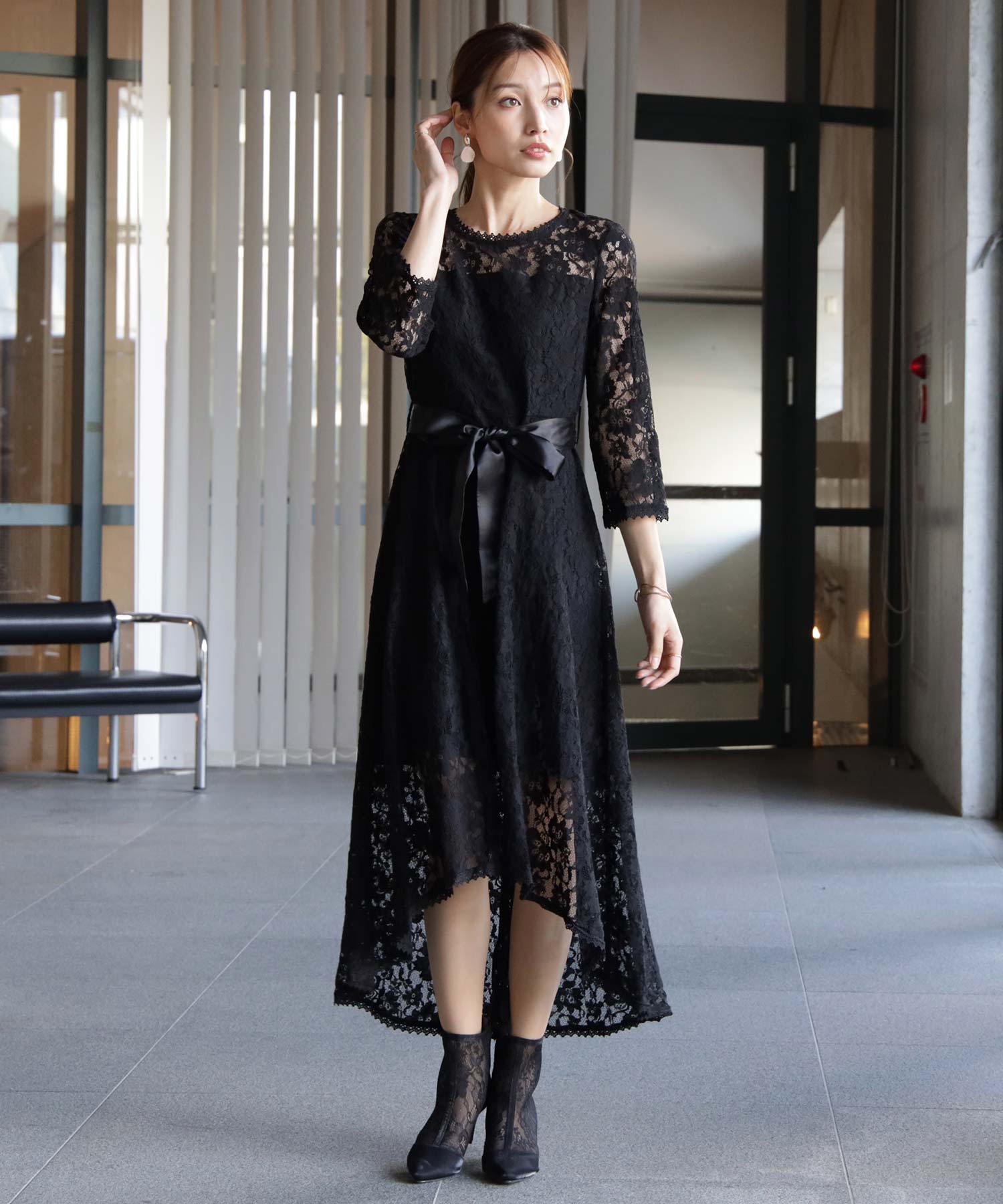 総レースワンピースドレス・結婚式ワンピース・お呼ばれパーティードレスcy88215-s-black