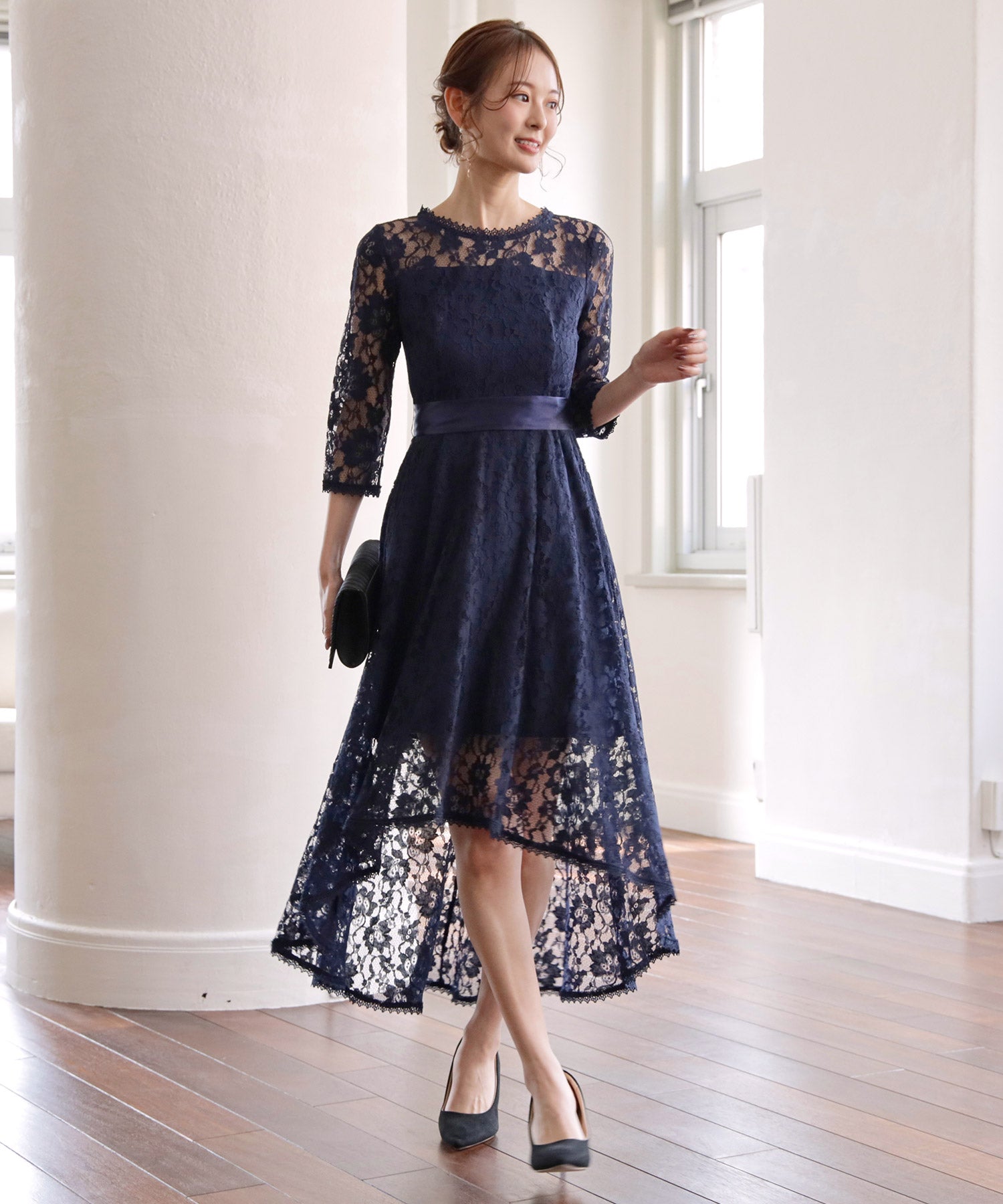 総レースワンピースドレス・結婚式ワンピース・お呼ばれパーティードレスcy88215-s-navy