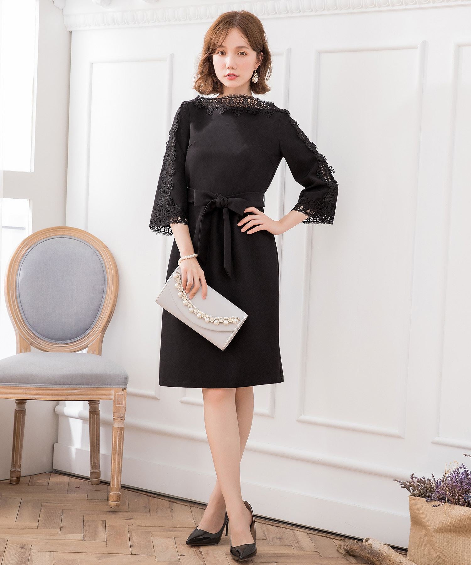 レース7分袖&デコルテ刺繍ワンピースドレス・結婚式ワンピース・お呼ばれパーティードレスcy88221