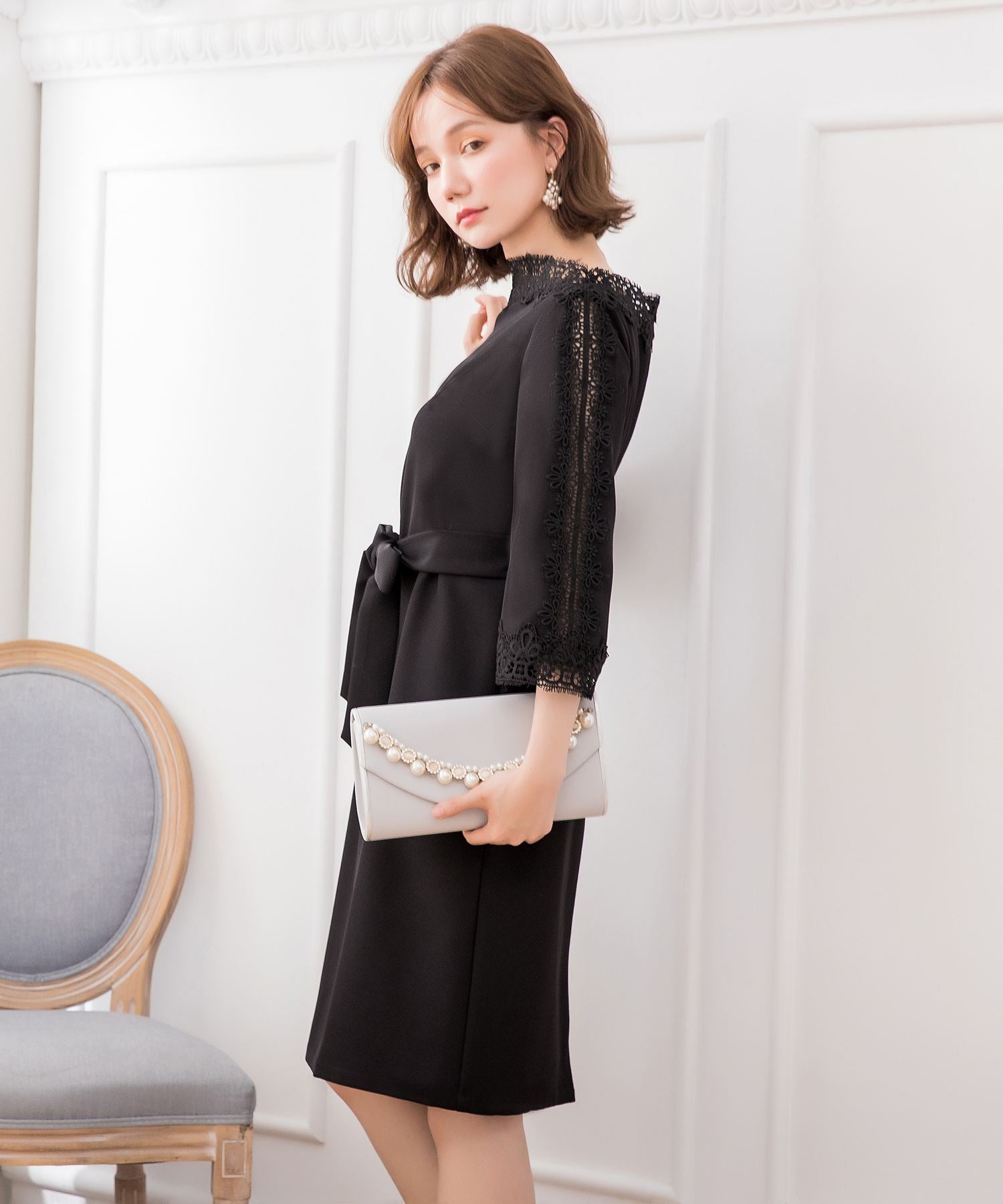 レース7分袖&デコルテ刺繍ワンピースドレス・結婚式ワンピース・お呼ばれパーティードレスcy88221