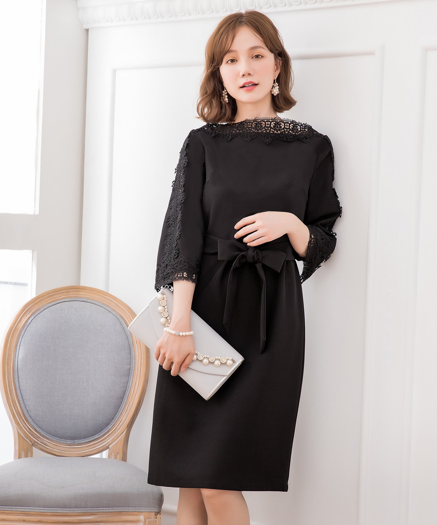 レース7分袖&デコルテ刺繍ワンピースドレス・結婚式ワンピース・お呼ばれパーティードレスcy88221