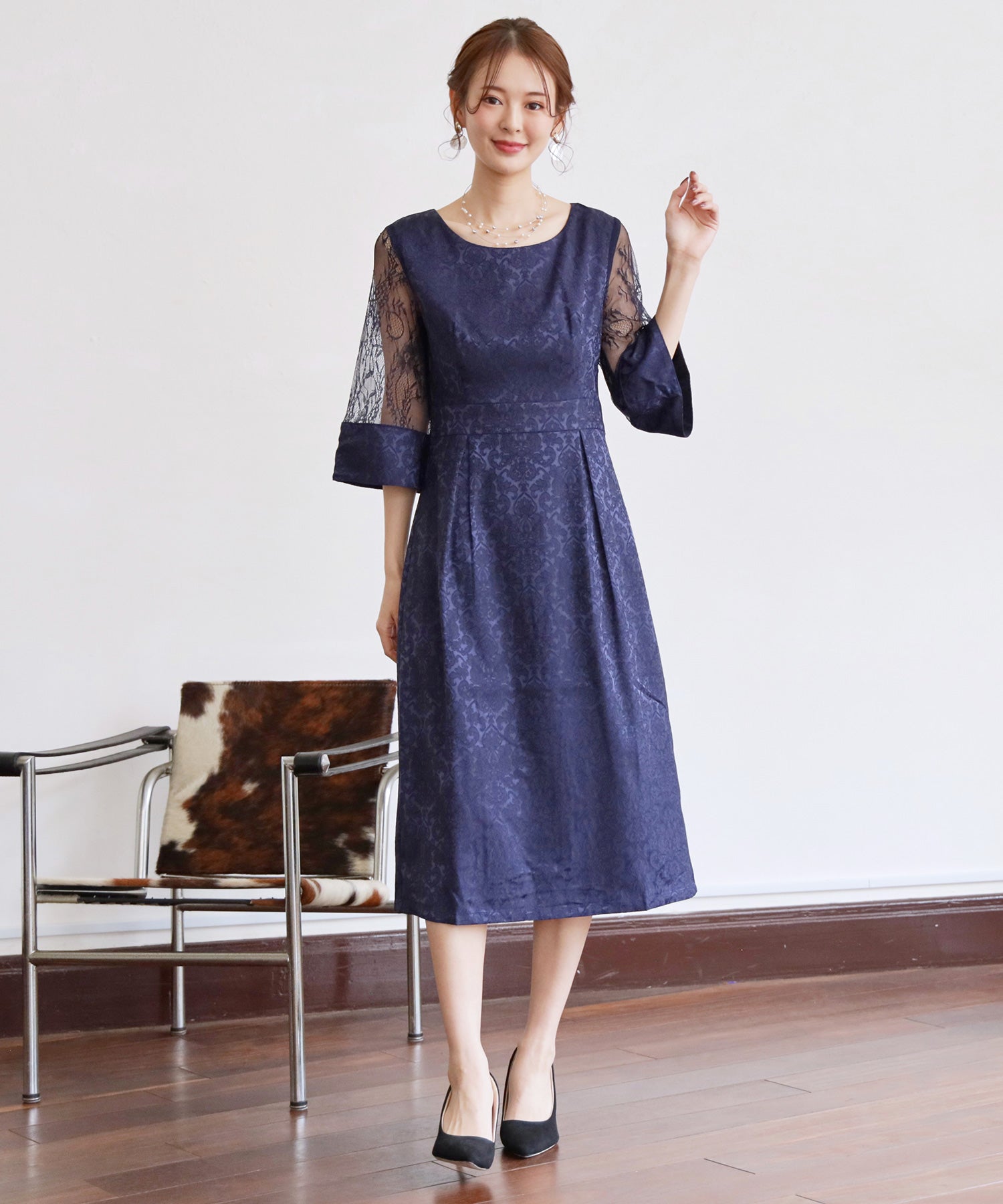 ダマスク柄ミモレ丈結婚式パーティードレスcy88330-102-16