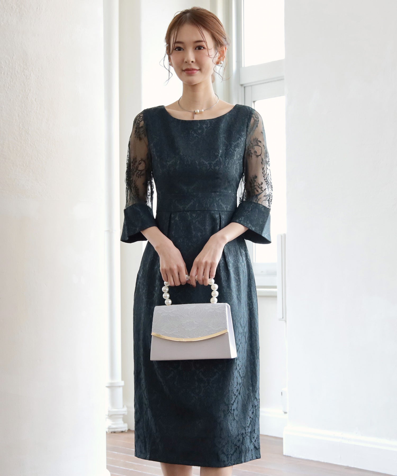 ダマスク柄ミモレ丈結婚式パーティードレスcy88330-102-35