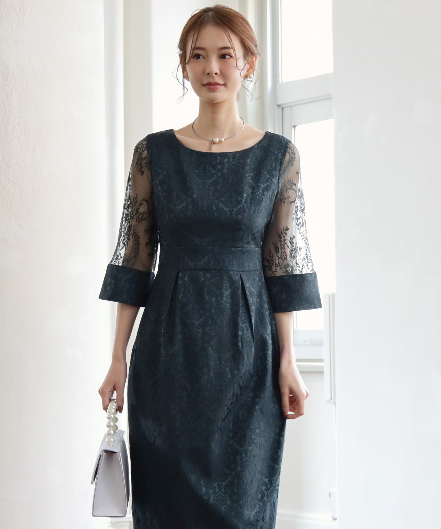 ダマスク柄ミモレ丈結婚式パーティードレスcy88330 グリーン