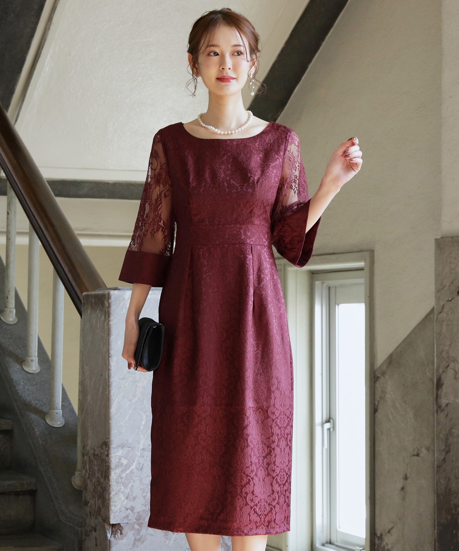 ダマスク柄ミモレ丈結婚式パーティードレスcy88330-102-92