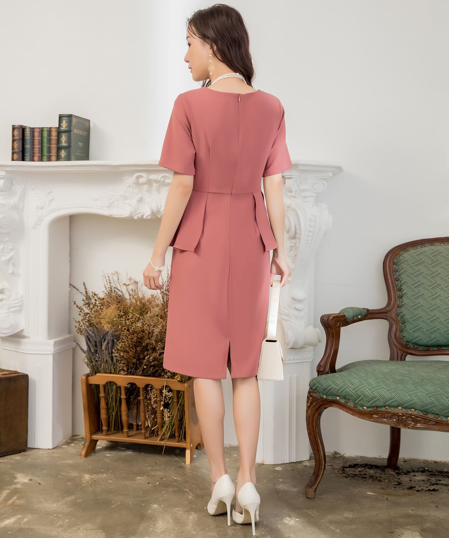 【パーティードレス】ハイウエストペプラム切替結婚式ワンピースcy88332