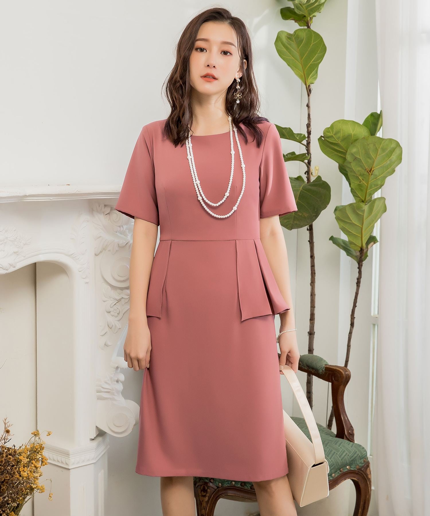 【パーティードレス】ハイウエストペプラム切替結婚式ワンピースcy88332