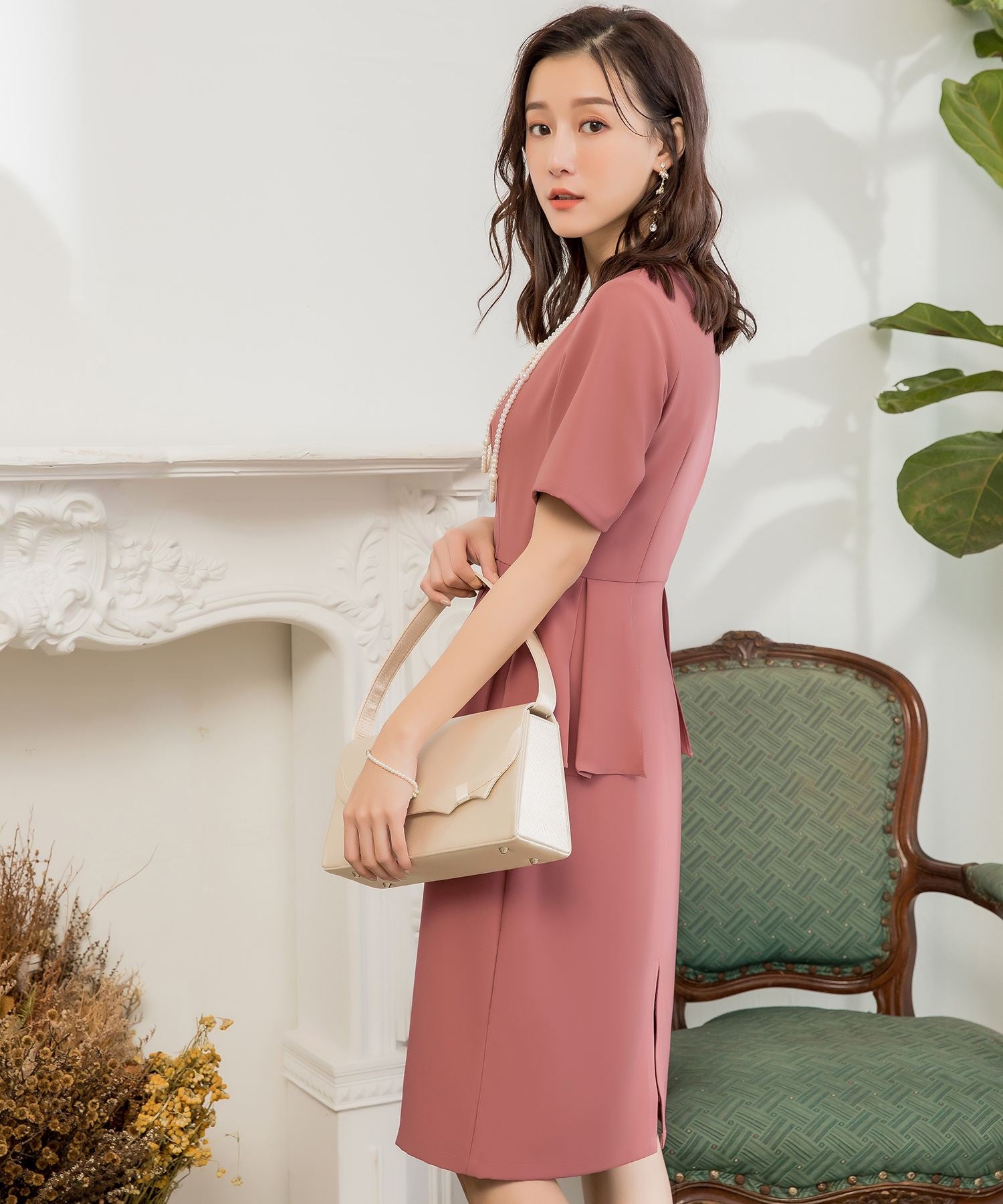 【パーティードレス】ハイウエストペプラム切替結婚式ワンピースcy88332