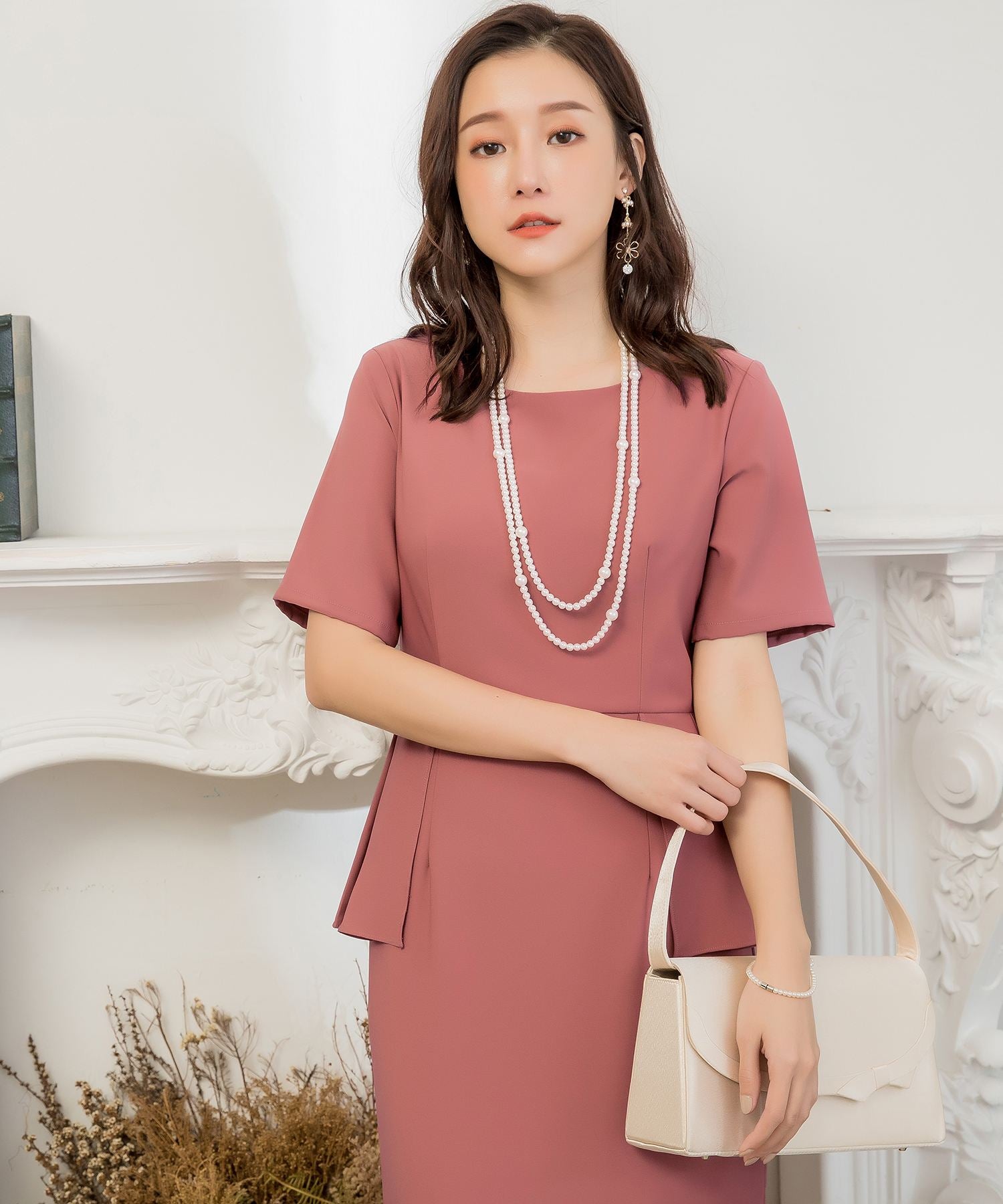 【パーティードレス】ハイウエストペプラム切替結婚式ワンピースcy88332