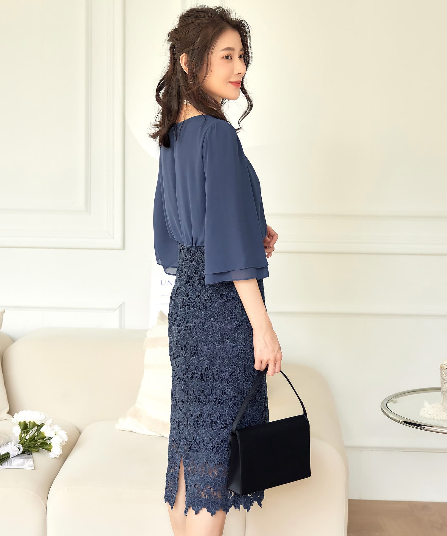 ワンピース ドレス パーティー オフィス 結婚式 シフォン レース パーティードレスcy88538