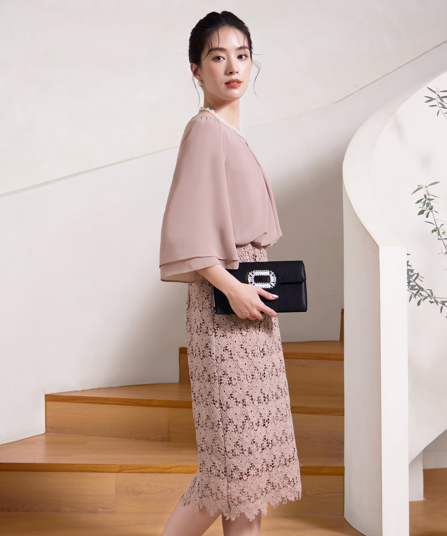 ワンピース ドレス パーティー オフィス 結婚式 シフォン レース パーティードレスcy88538 ピンクベージュ