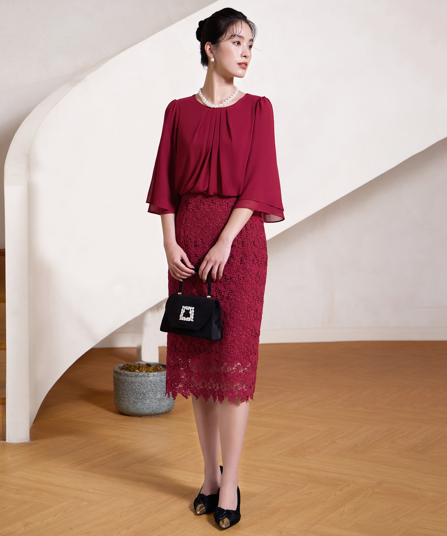 ワンピース ドレス パーティー オフィス 結婚式 シフォン レース パーティードレスcy88538 レッド