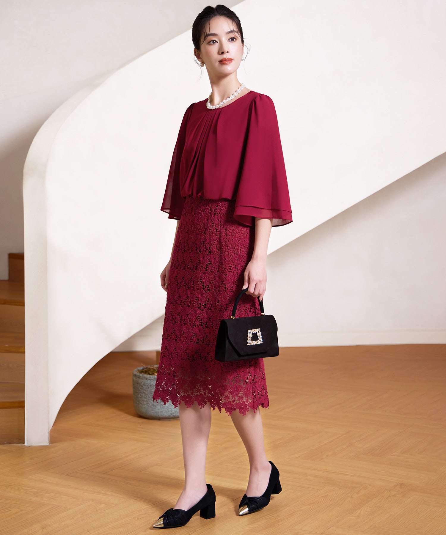 ワンピース ドレス パーティー オフィス 結婚式 シフォン レース パーティードレスcy88538 レッド