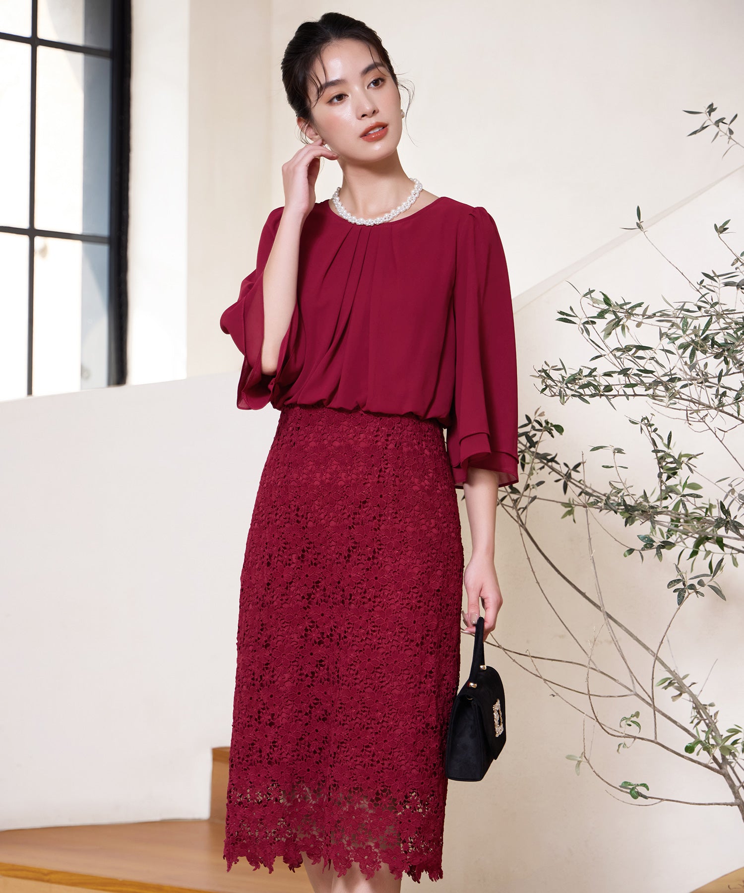 ワンピース ドレス パーティー オフィス 結婚式 シフォン レース パーティードレスcy88538 レッド