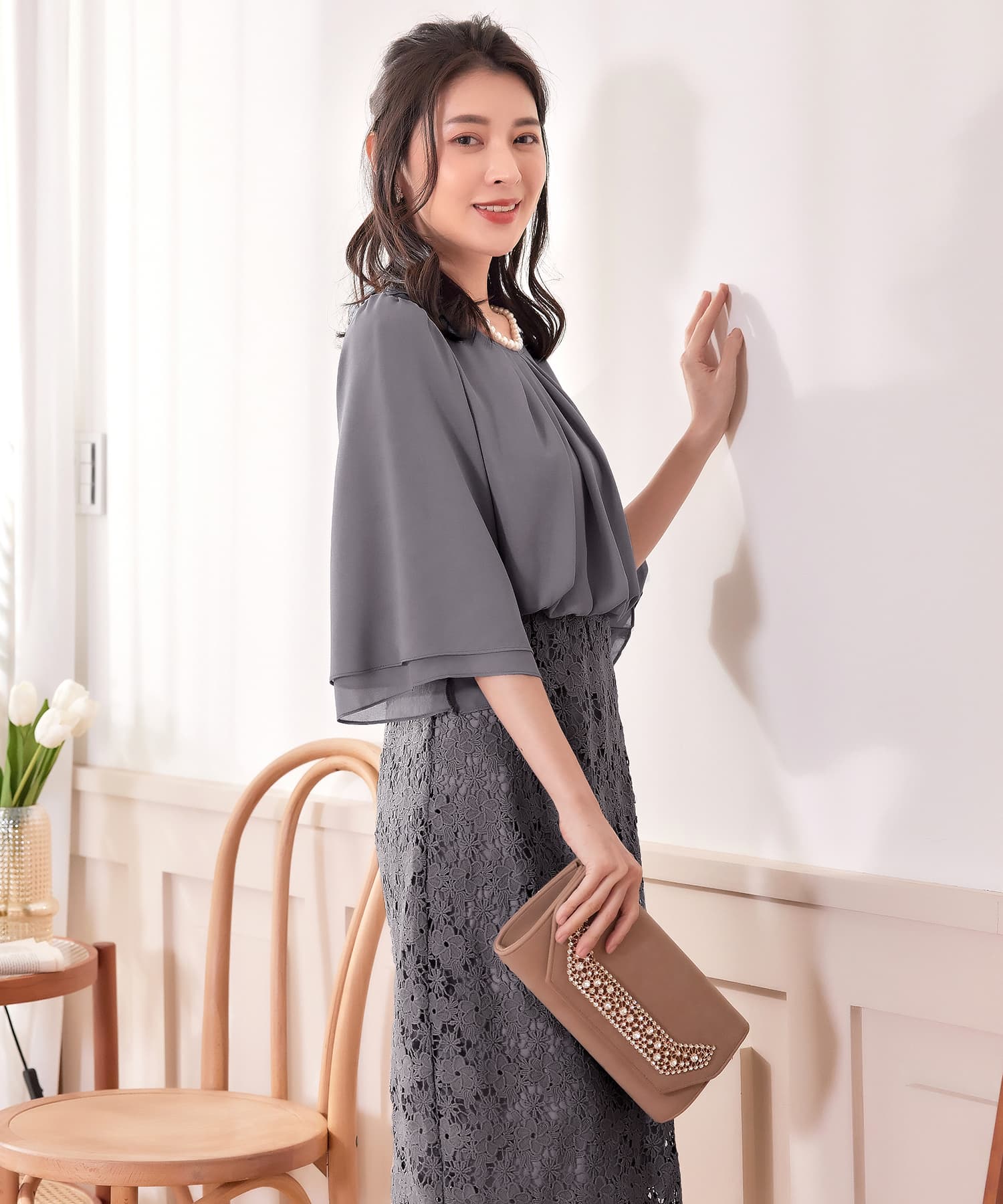 ワンピース ドレス パーティー オフィス 結婚式 シフォン レース パーティードレスcy88538