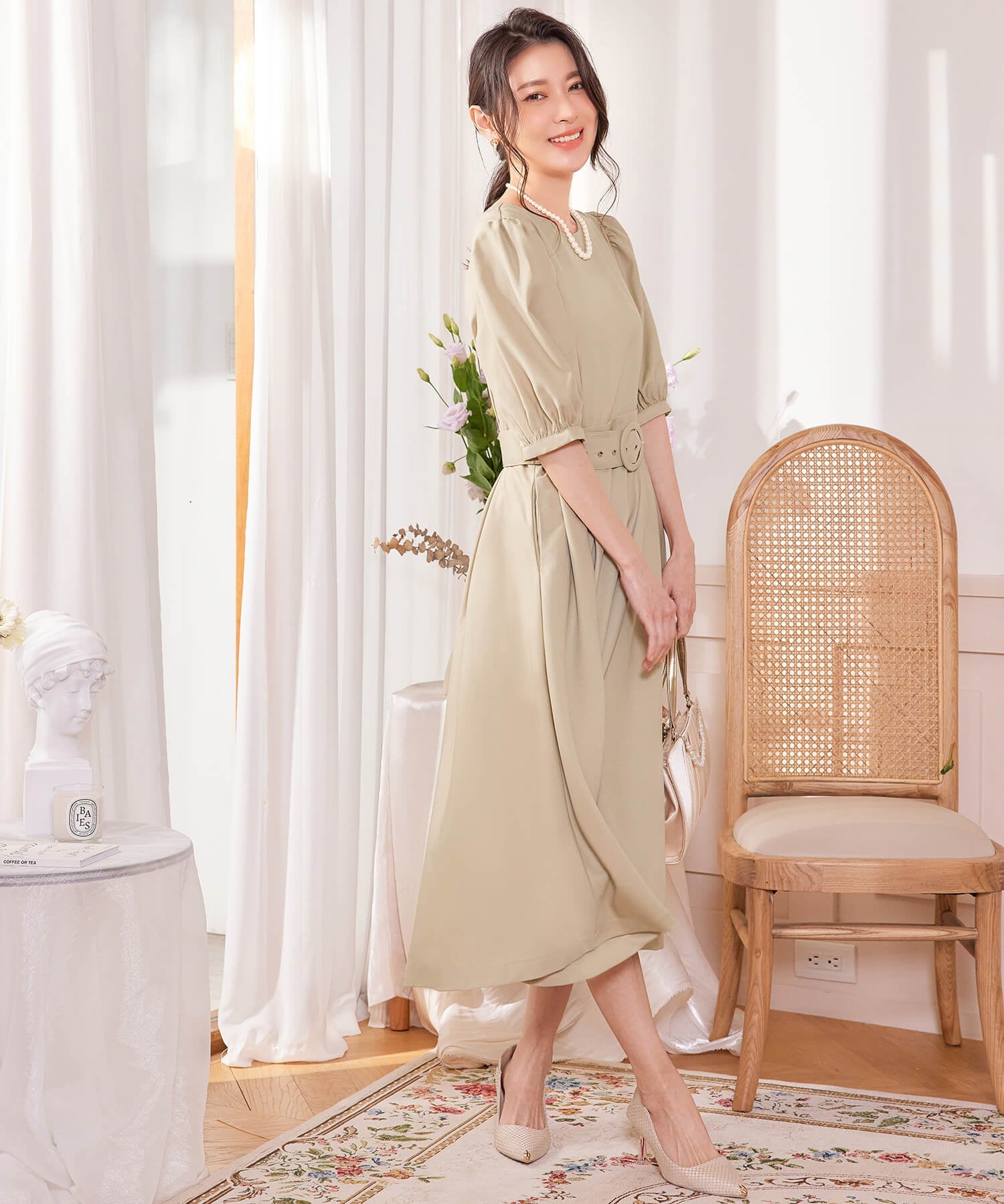 ワンピース ミモレ丈 結婚式 フォーマル ベルト付きcy88539