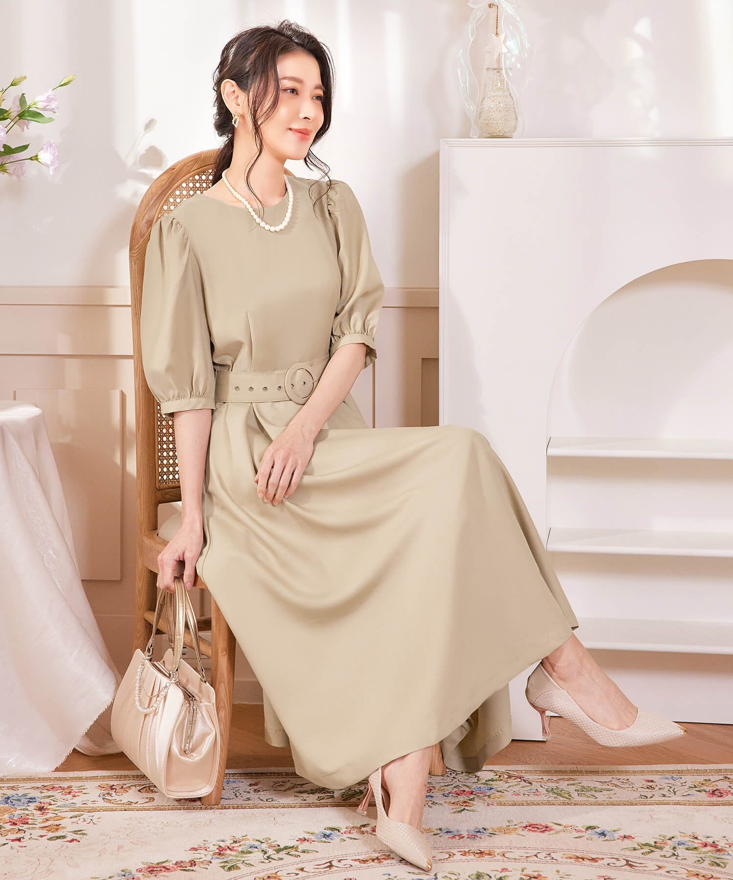 ワンピース ミモレ丈 結婚式 フォーマル ベルト付きcy88539