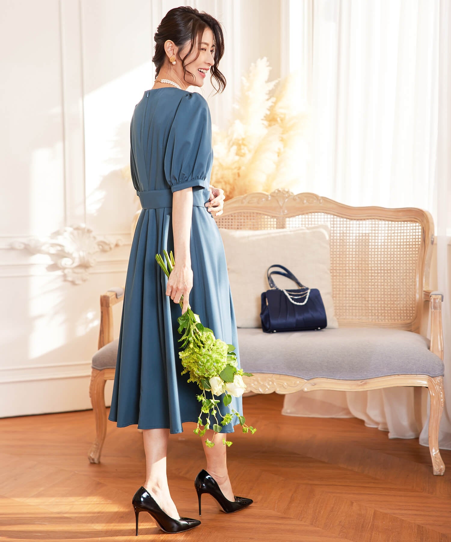 ワンピース ミモレ丈 結婚式 フォーマル ベルト付きcy88539