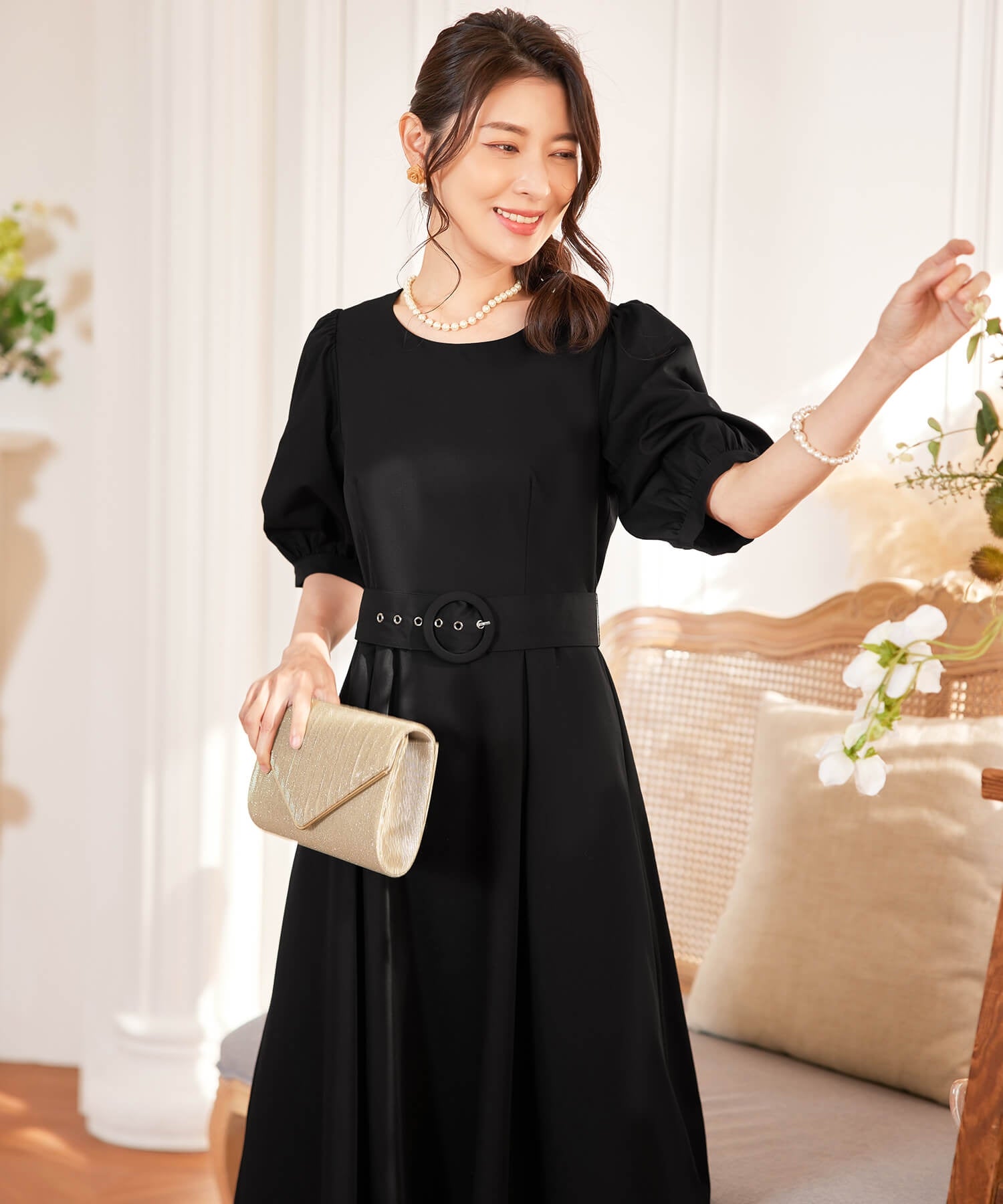 ワンピース ミモレ丈 結婚式 フォーマル ベルト付きcy88539
