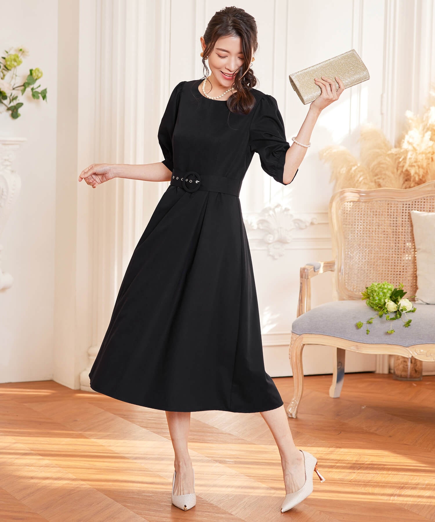ワンピース ミモレ丈 結婚式 フォーマル ベルト付きcy88539