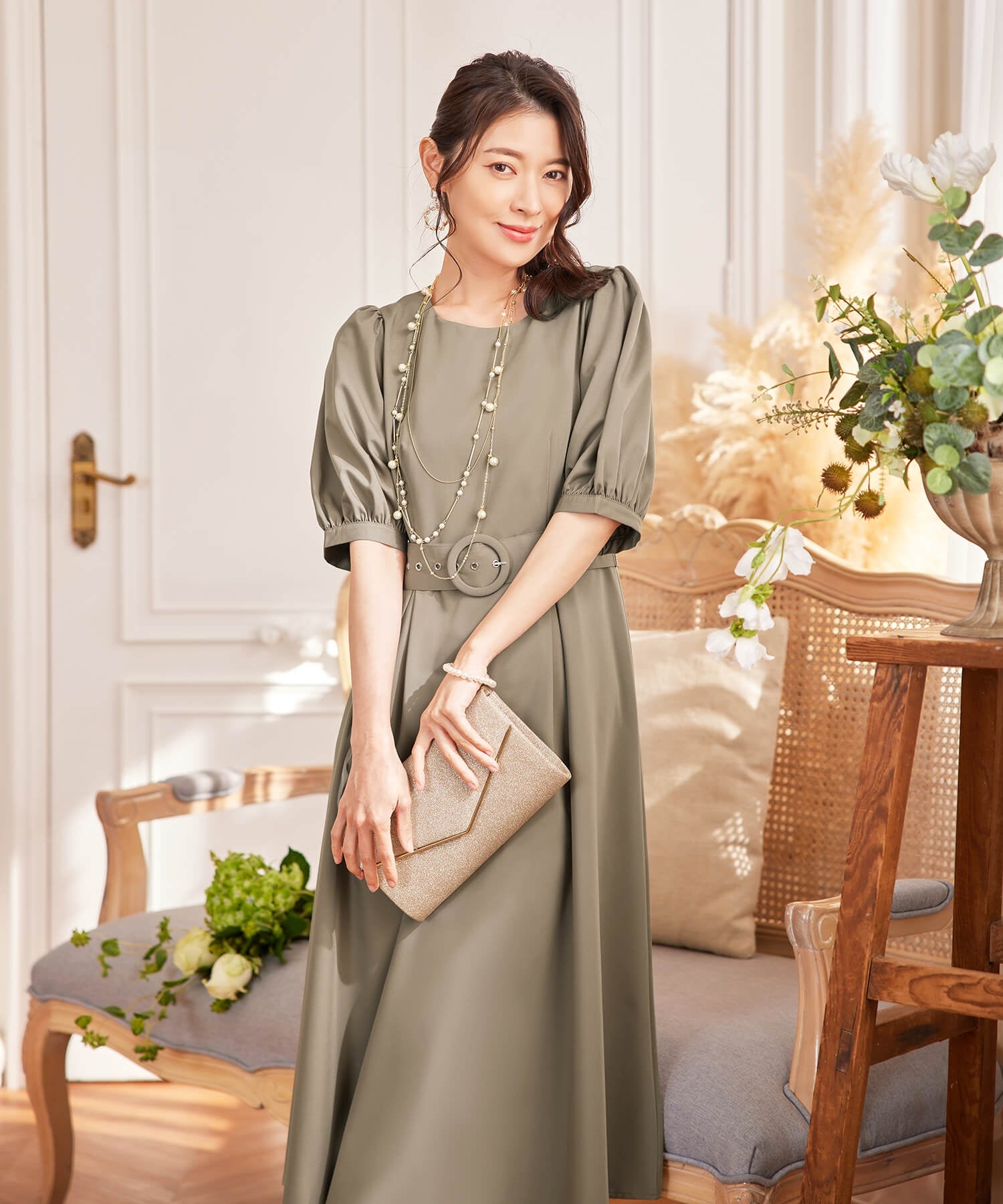 ワンピース ミモレ丈 結婚式 フォーマル ベルト付きcy88539