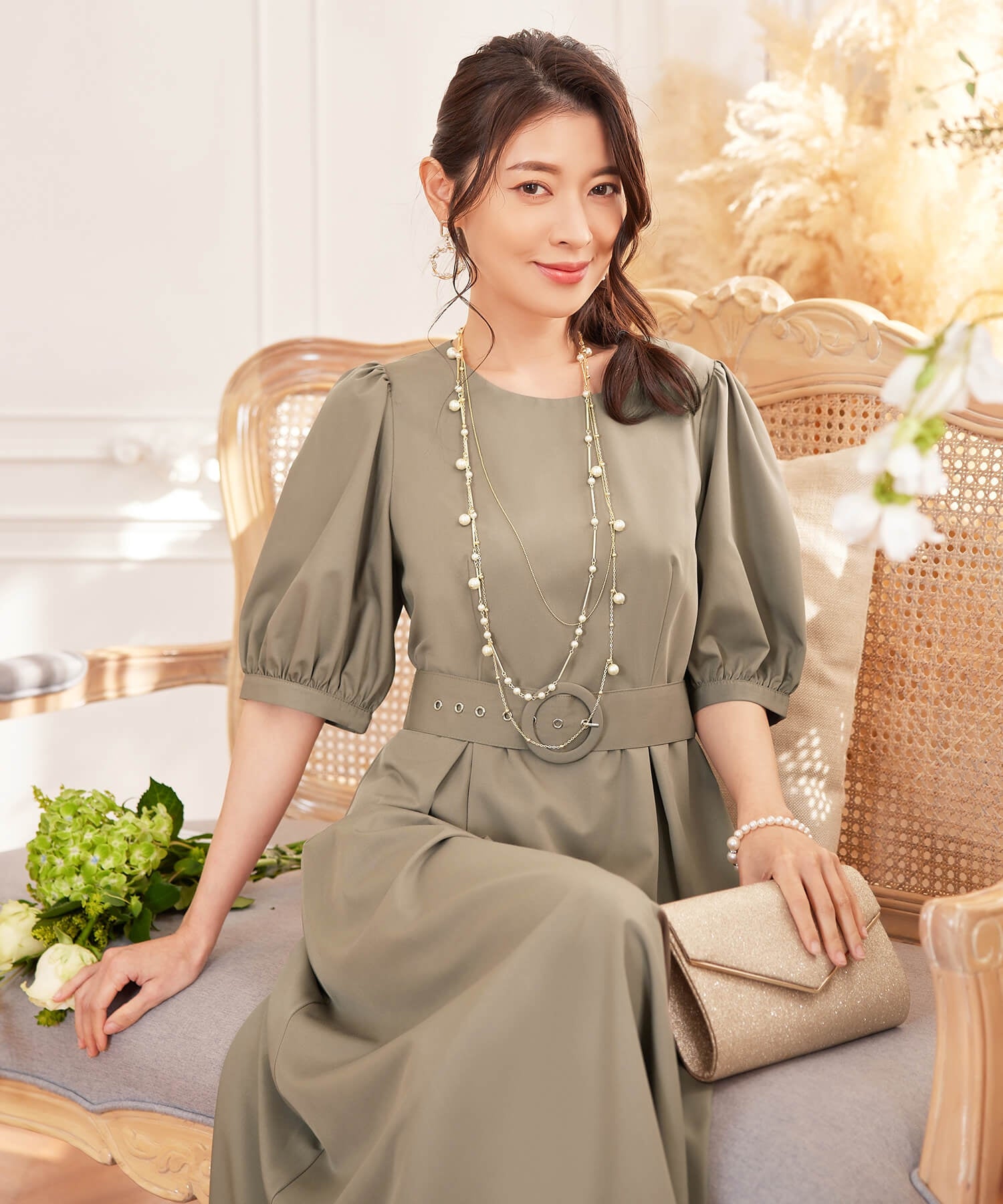 ワンピース ミモレ丈 結婚式 フォーマル ベルト付きcy88539