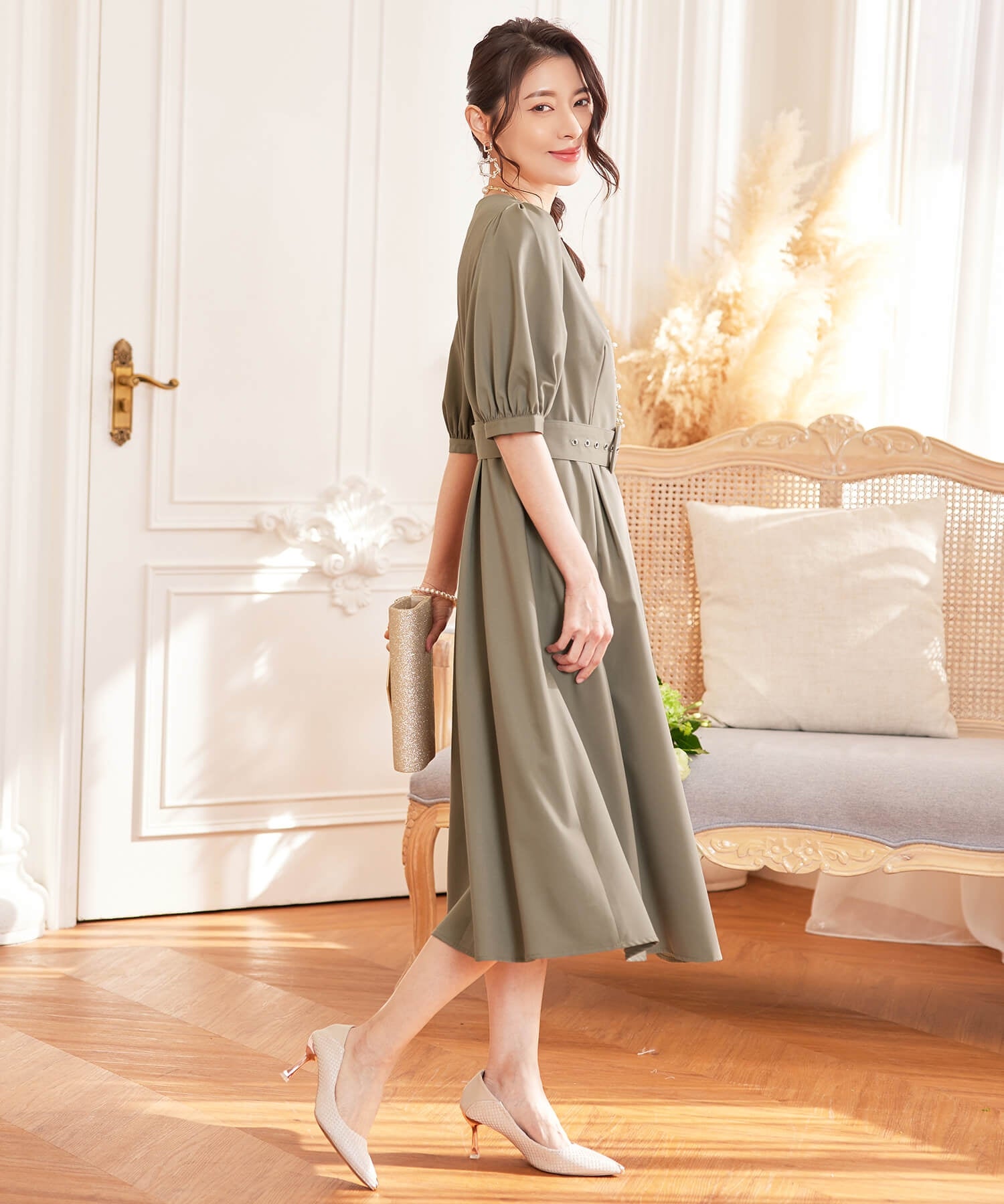 ワンピース ミモレ丈 結婚式 フォーマル ベルト付きcy88539