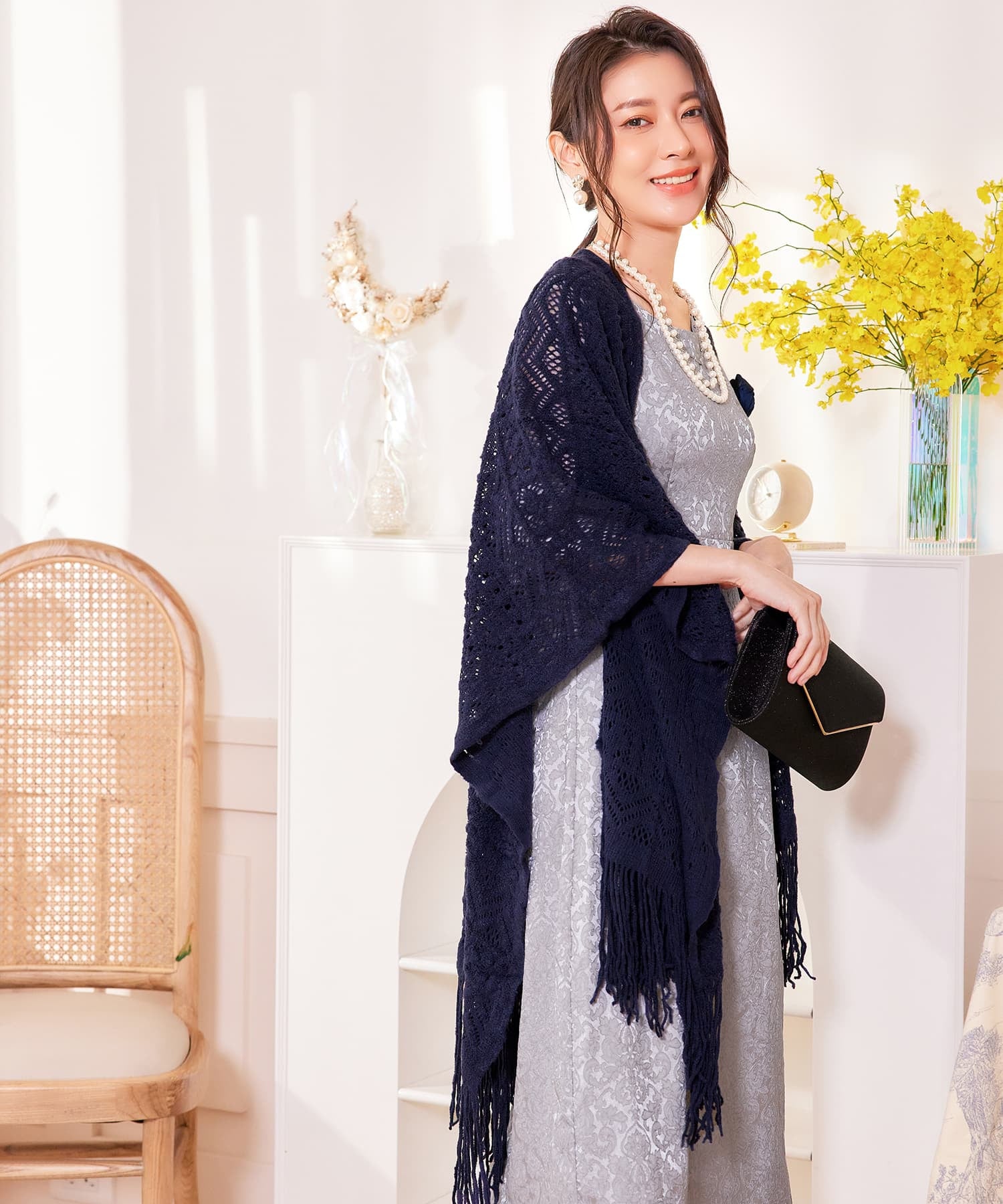 ボレロ レース ロング丈 パーティー コサージュ付きcy88569