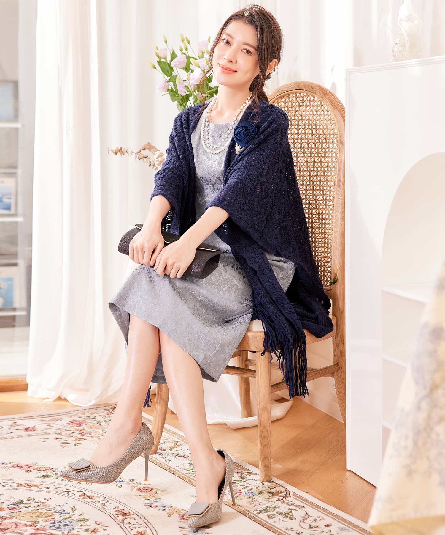 ボレロ レース ロング丈 パーティー コサージュ付きcy88569