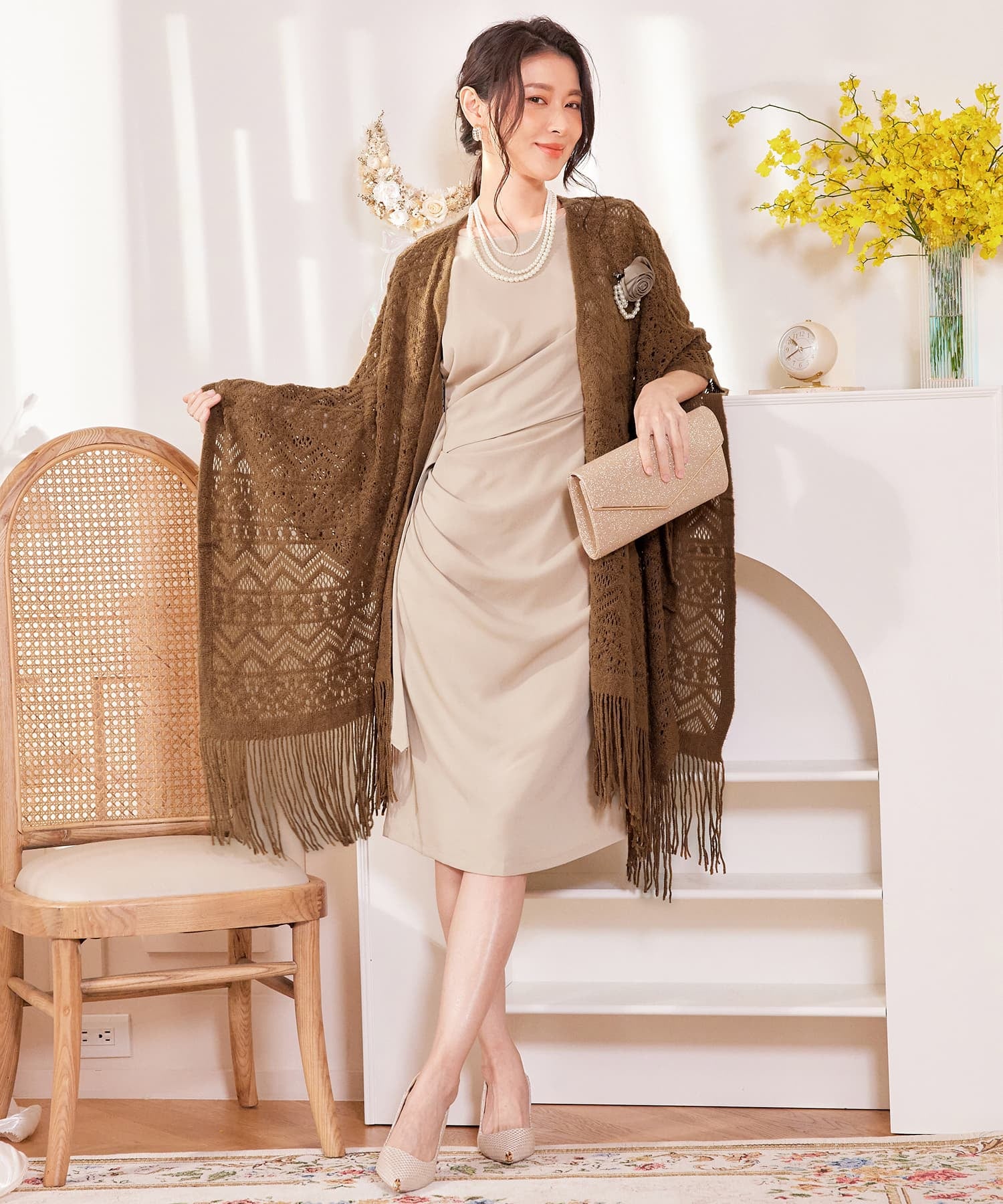 ボレロ レース ロング丈 パーティー コサージュ付きcy88569