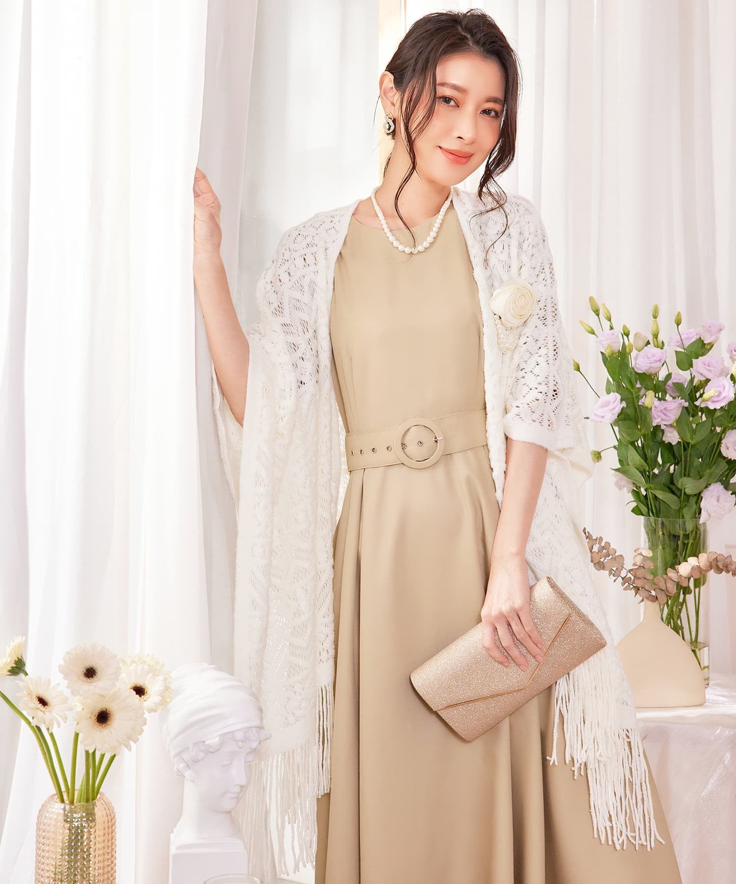 ボレロ レース ロング丈 パーティー コサージュ付きcy88569
