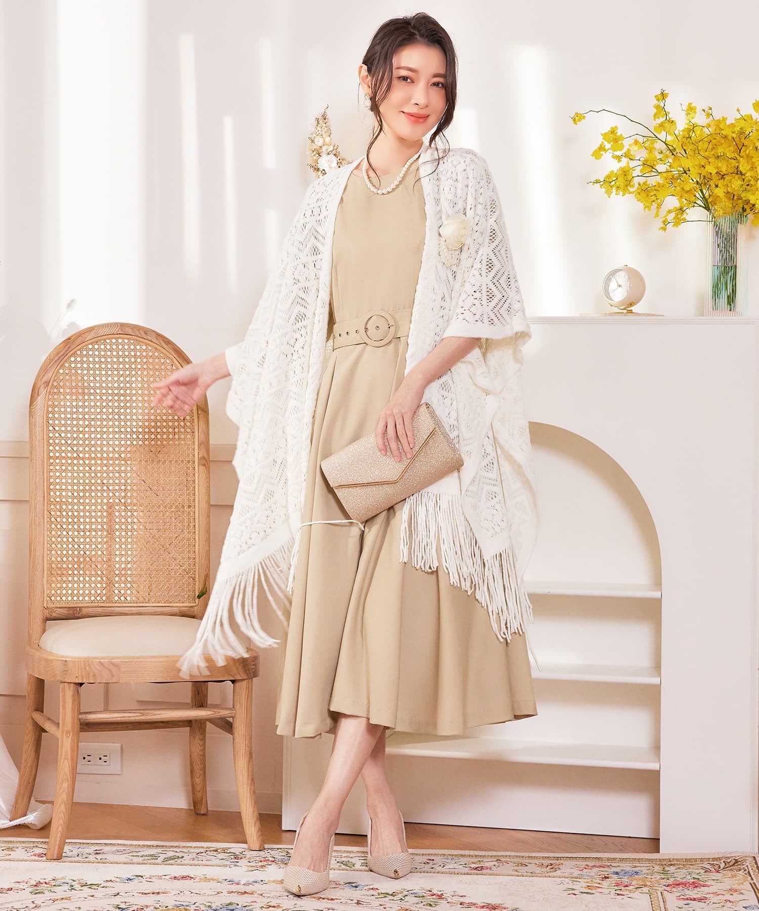 ボレロ レース ロング丈 パーティー コサージュ付きcy88569