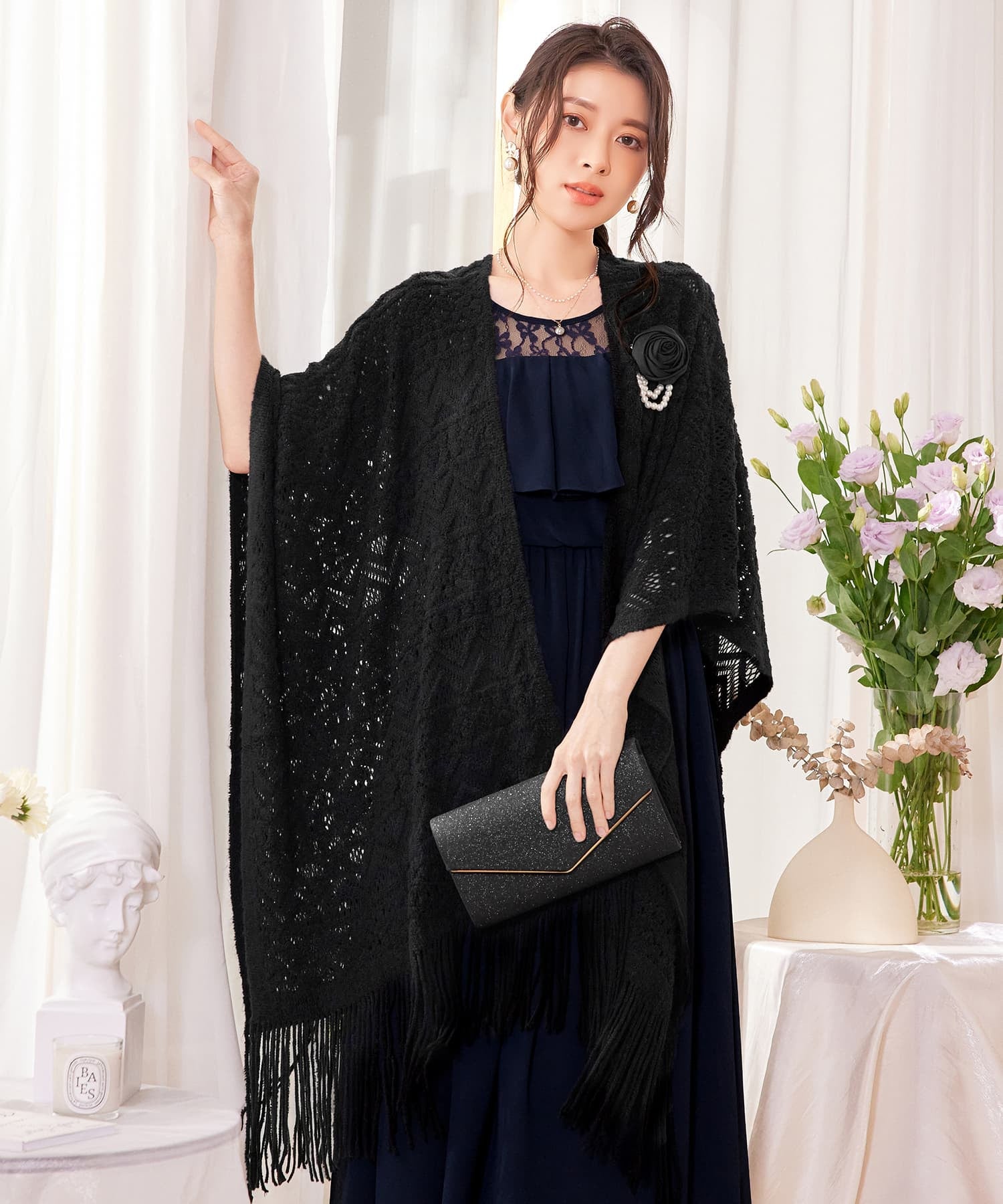 ボレロ レース ロング丈 パーティー コサージュ付きcy88569