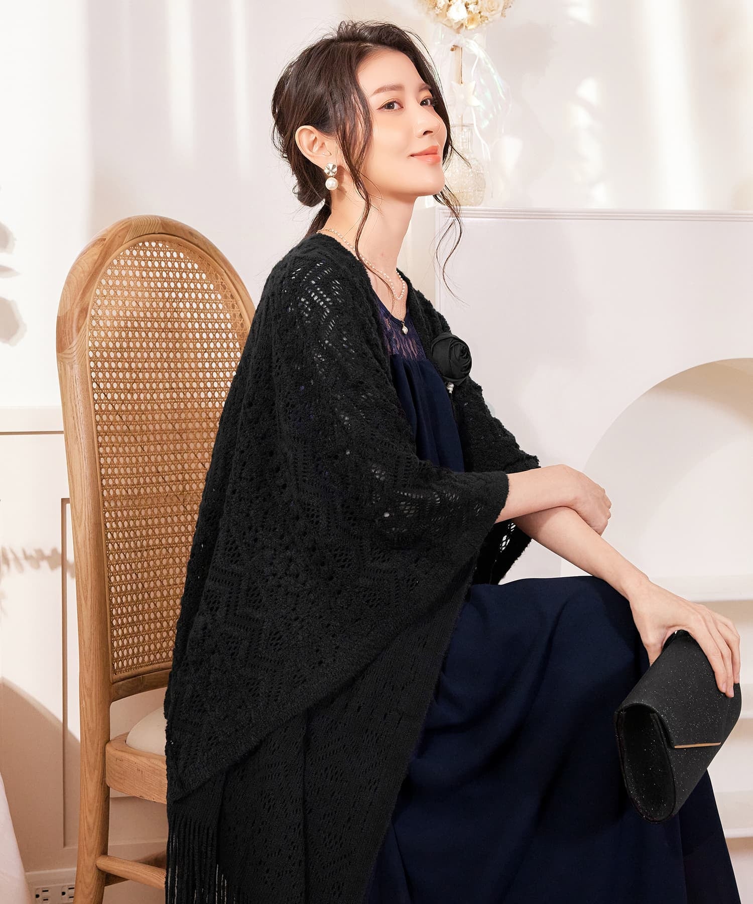 ボレロ レース ロング丈 パーティー コサージュ付きcy88569