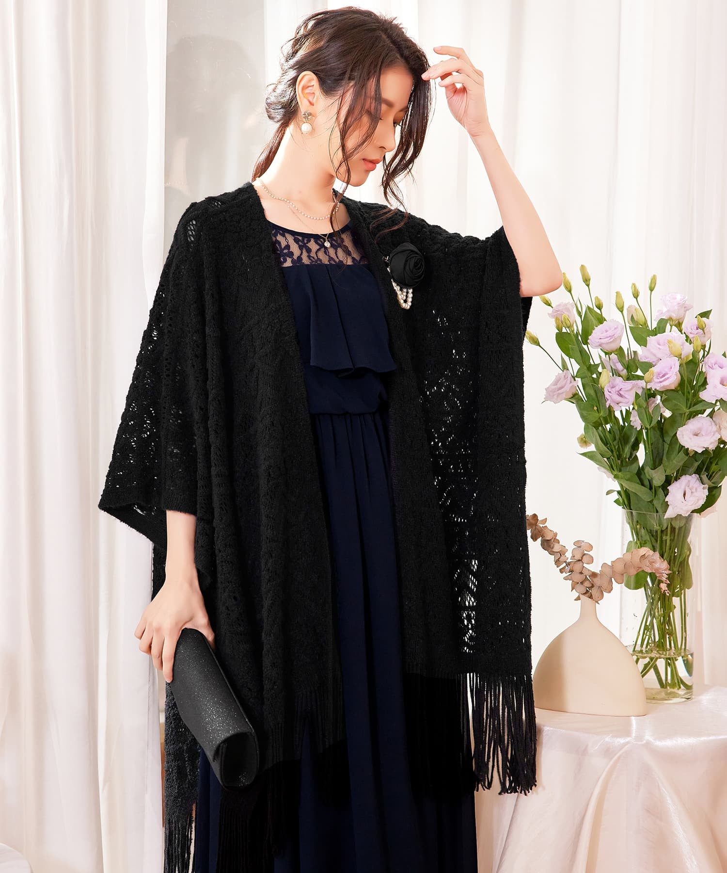 ボレロ レース ロング丈 パーティー コサージュ付きcy88569