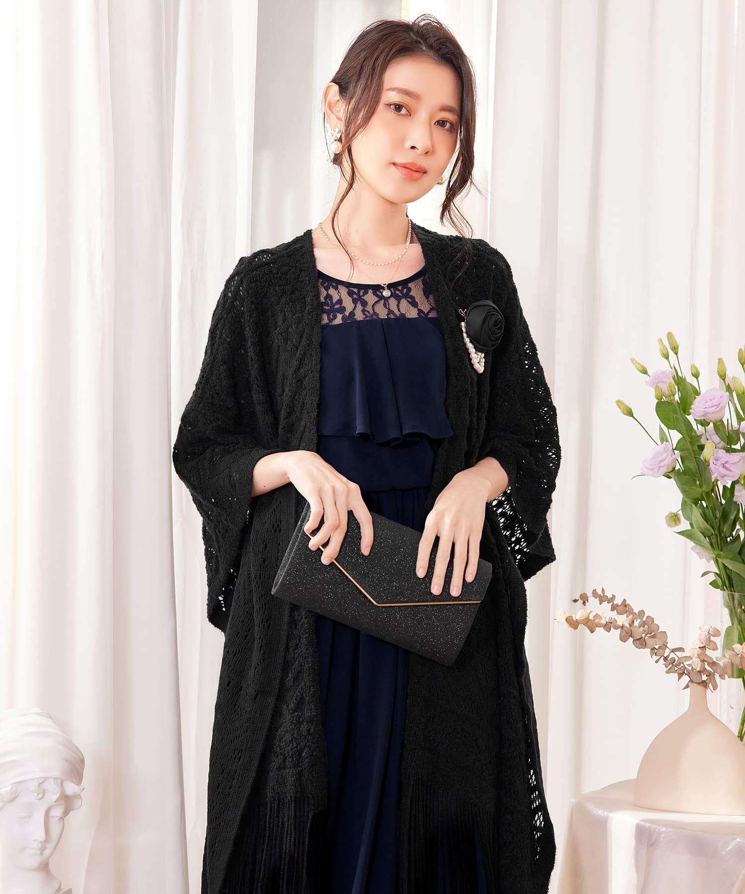 ボレロ レース ロング丈 パーティー コサージュ付きcy88569