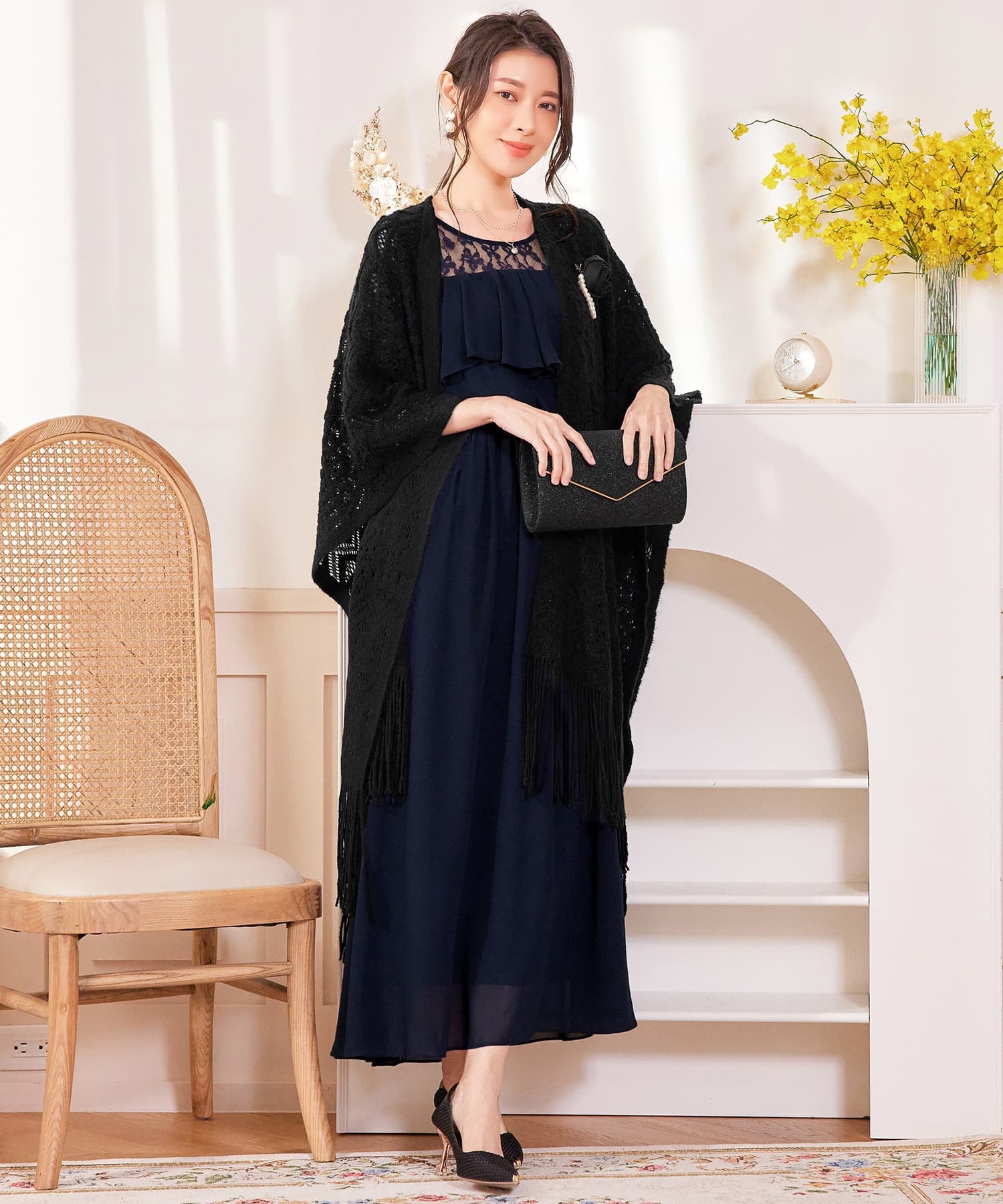 ボレロ レース ロング丈 パーティー コサージュ付きcy88569