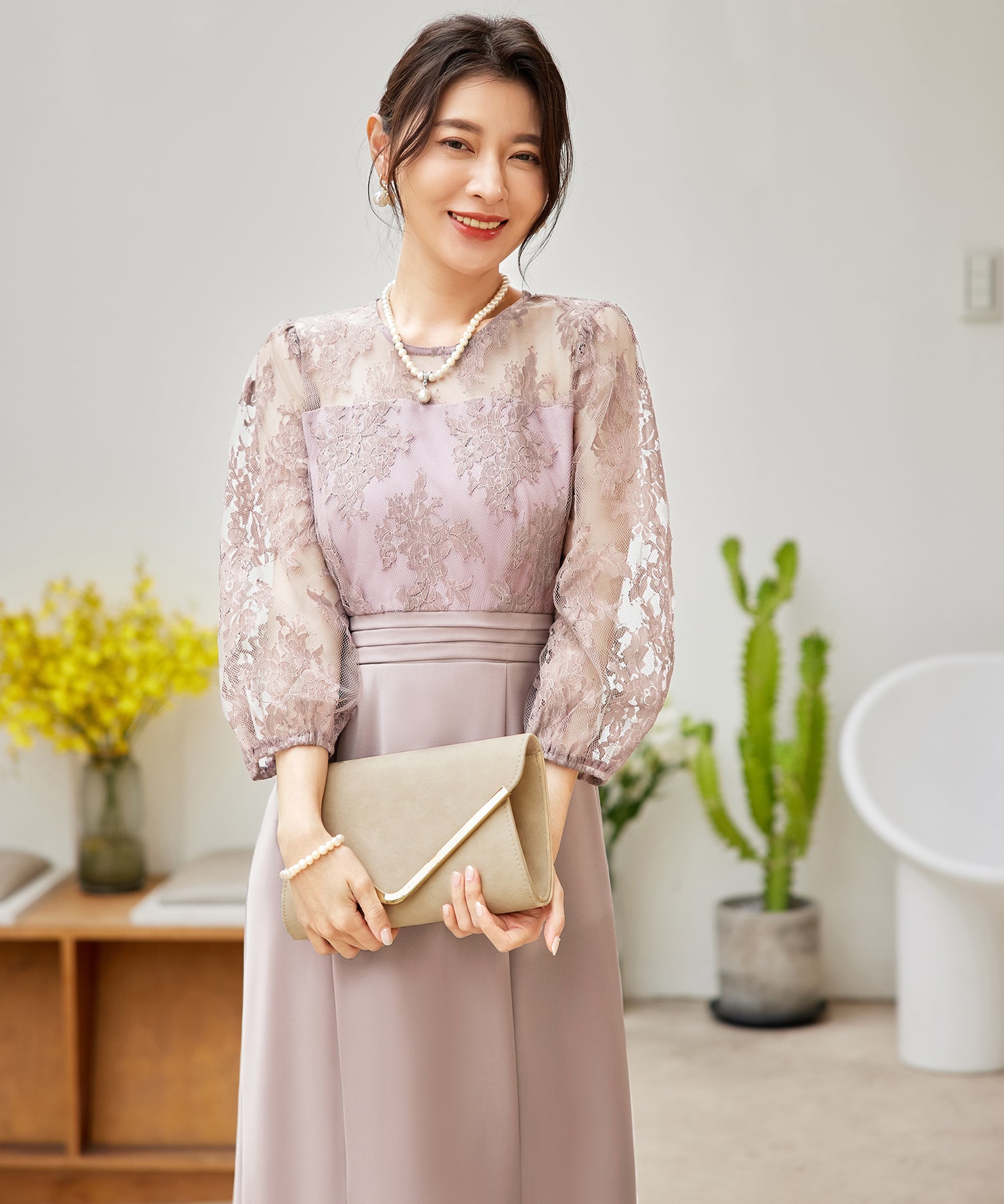 パーティードレス レディース ドレス ワンピース 結婚式 レース 花柄 七分袖cy88602 ピンクベージュ