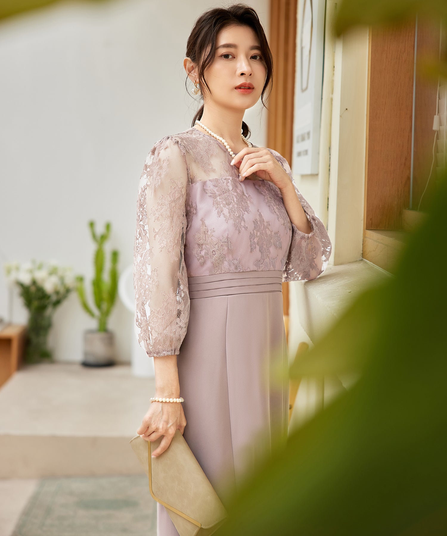 パーティードレス レディース ドレス ワンピース 結婚式 レース 花柄 七分袖cy88602 ピンクベージュ