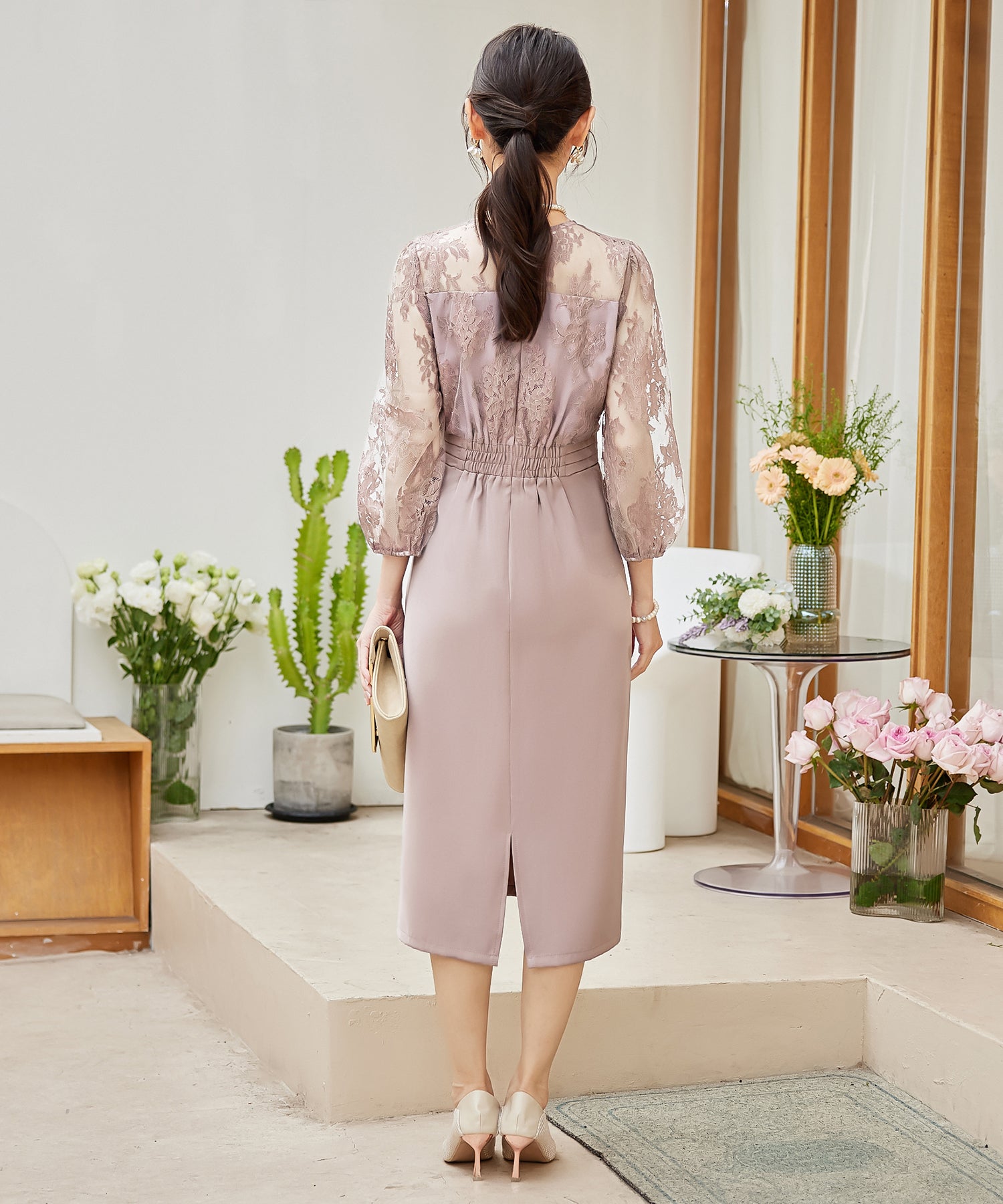 パーティードレス レディース ドレス ワンピース 結婚式 レース 花柄 七分袖cy88602 ピンクベージュ