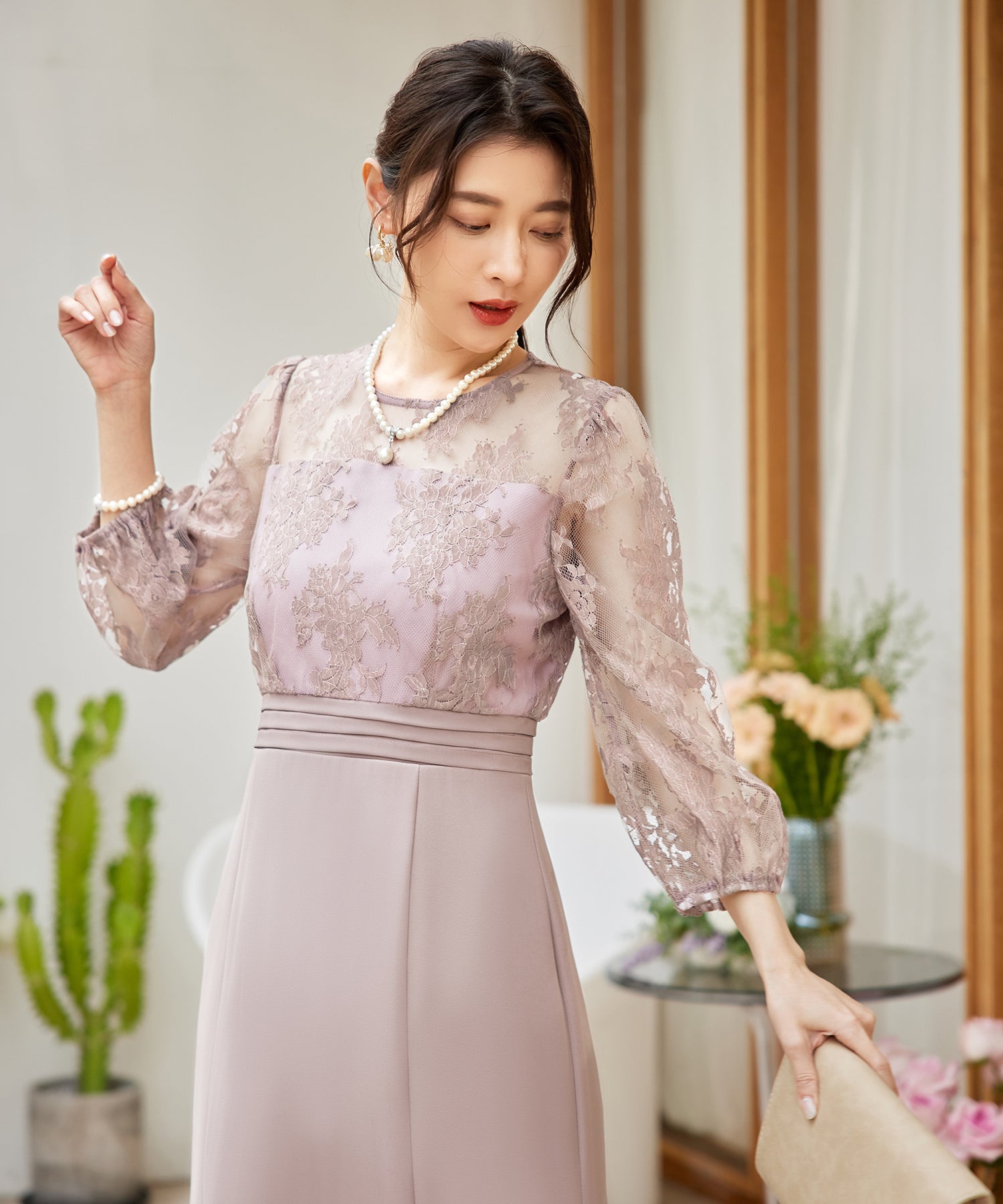 パーティードレス レディース ドレス ワンピース 結婚式 レース 花柄 七分袖cy88602 ピンクベージュ