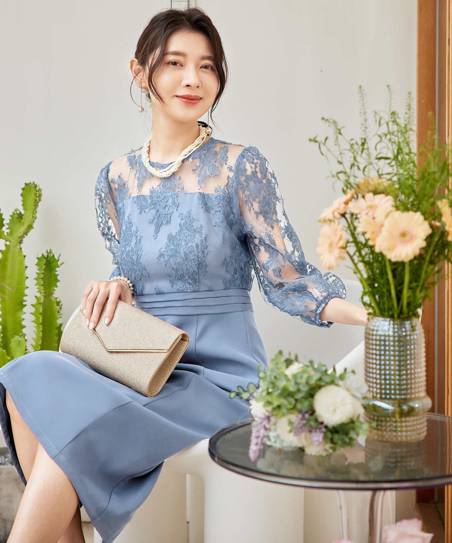 パーティードレス レディース ドレス ワンピース 結婚式 レース 花柄 七分袖cy88602 ブルーグレー