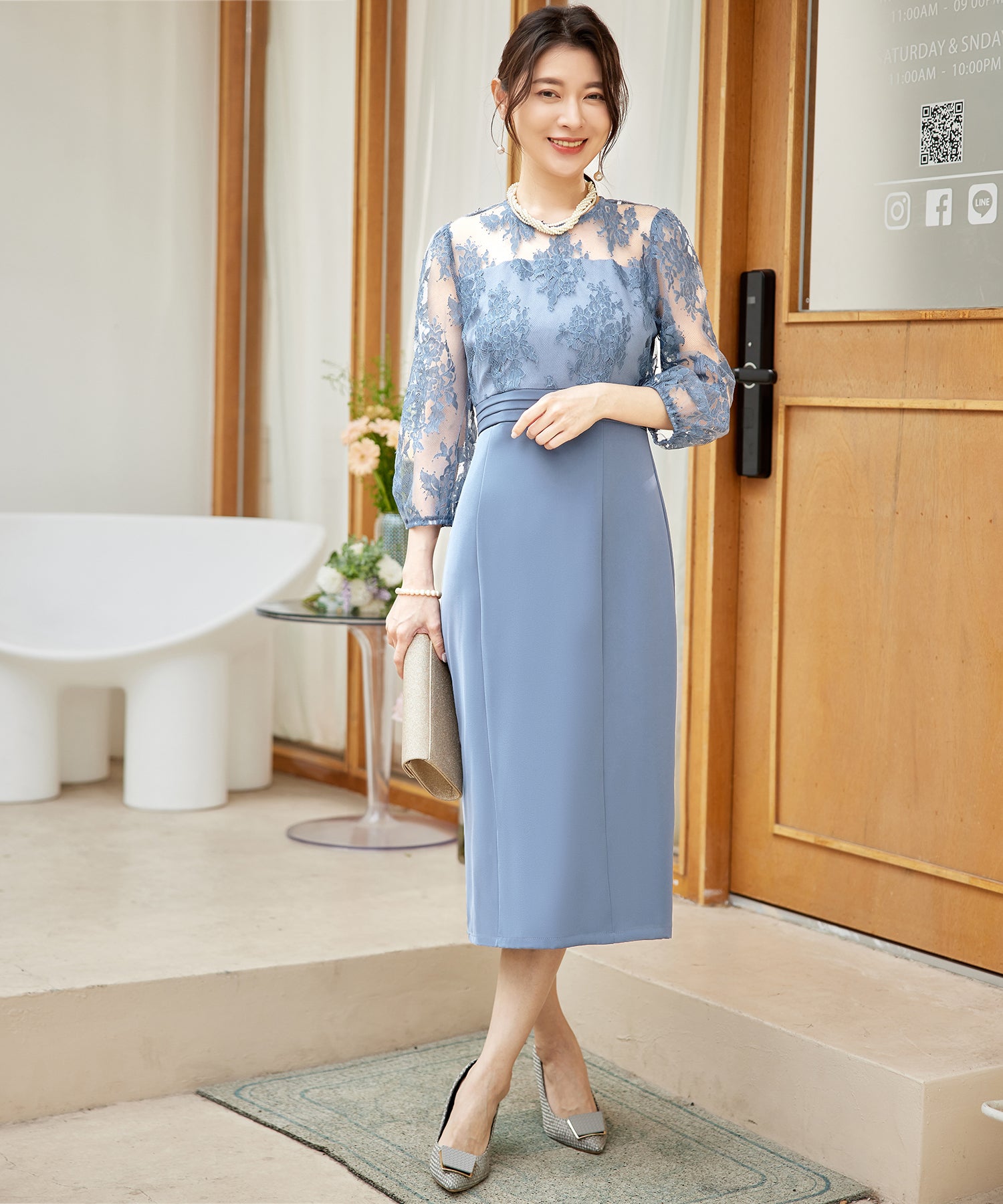 パーティードレス レディース ドレス ワンピース 結婚式 レース 花柄 七分袖cy88602 ブルーグレー