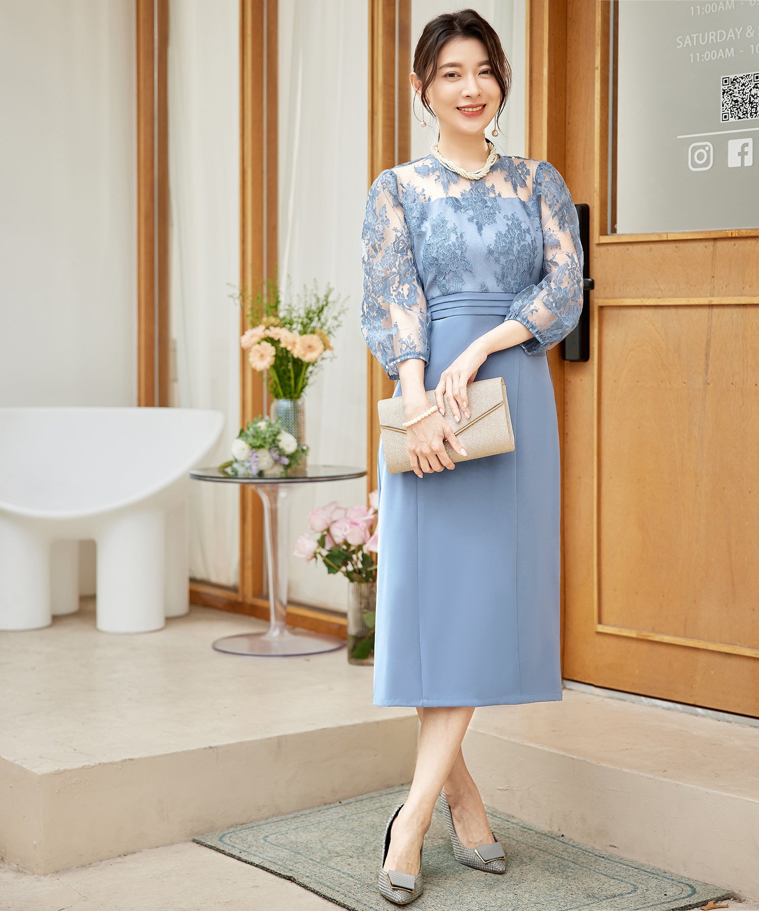 パーティードレス レディース ドレス ワンピース 結婚式 レース 花柄 七分袖cy88602 ブルーグレー
