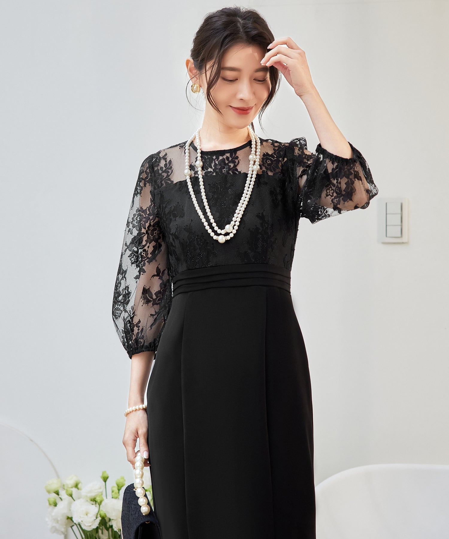 パーティードレス レディース ドレス ワンピース 結婚式 レース 花柄 七分袖cy88602 ブラック