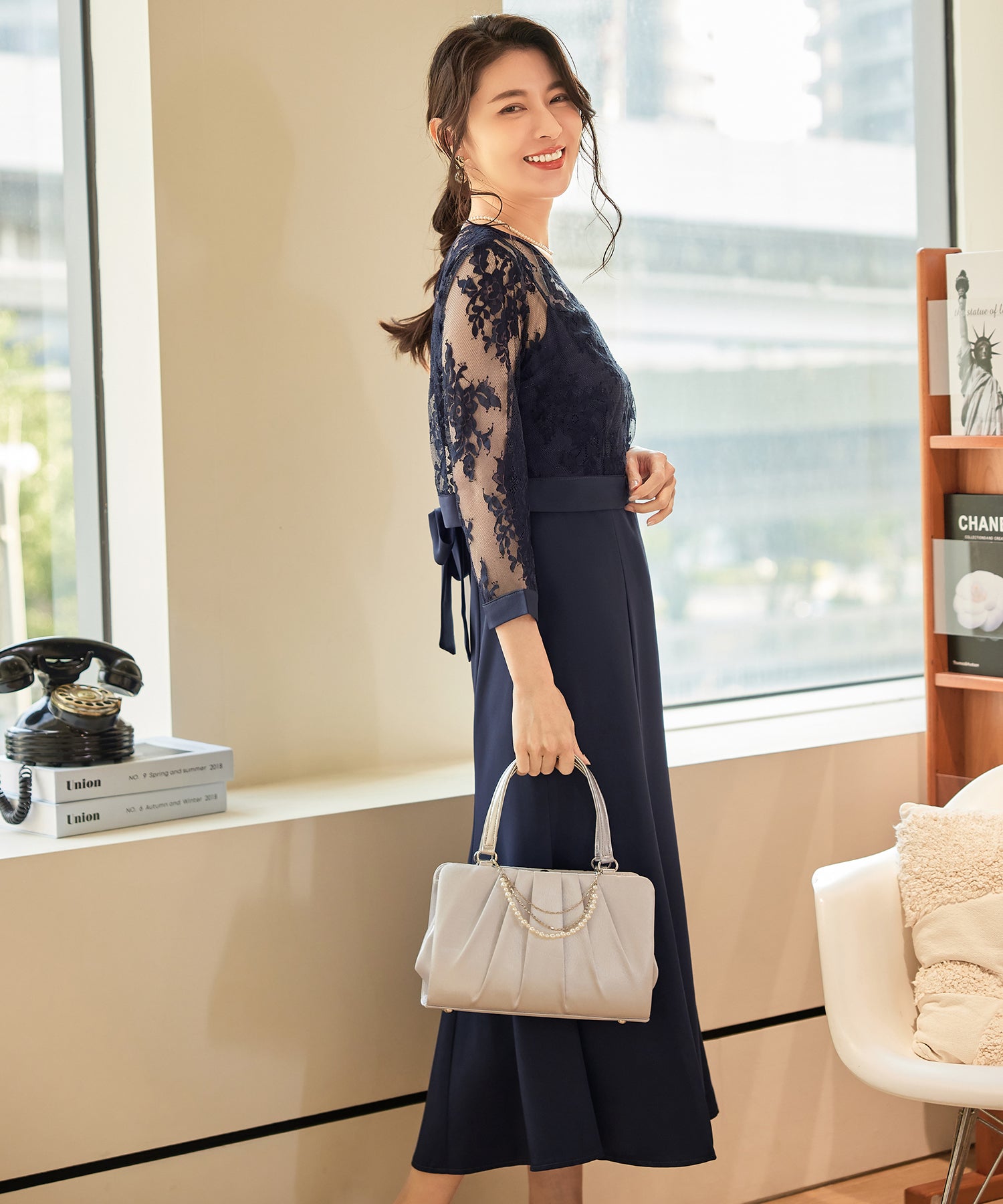パーティードレス レディース ドレス ワンピース 結婚式 レースcy88606 ネイビー