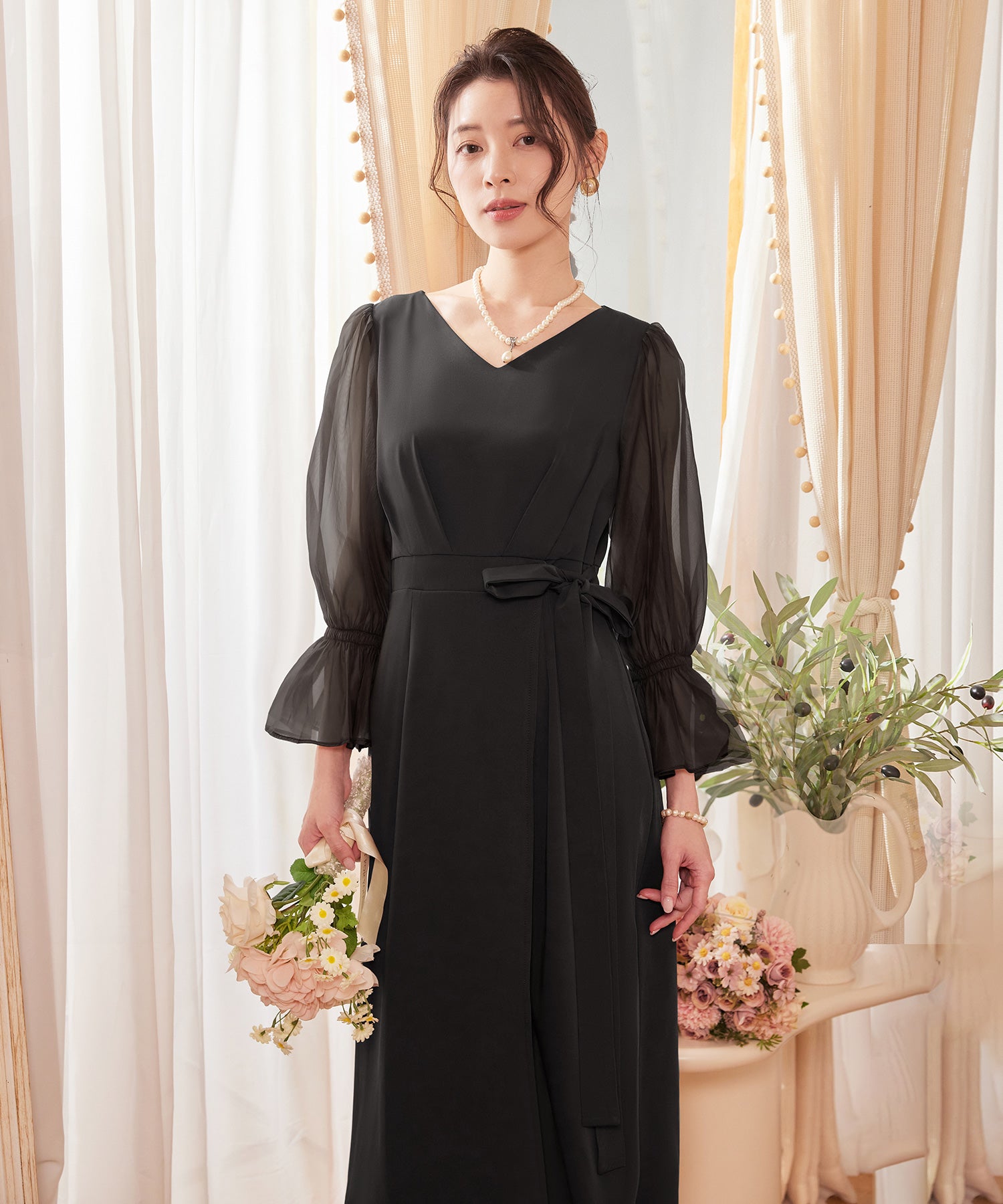 パーティードレス 結婚式 ワンピース シアー素材cy88613 ブラック