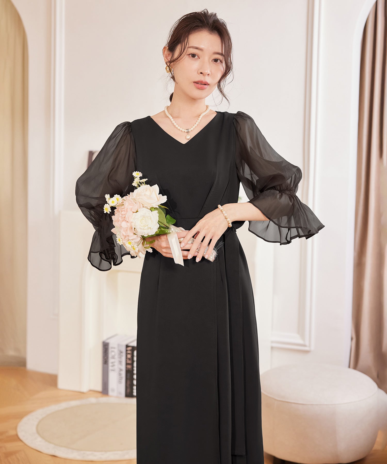 パーティードレス 結婚式 ワンピース シアー素材cy88613 ブラック