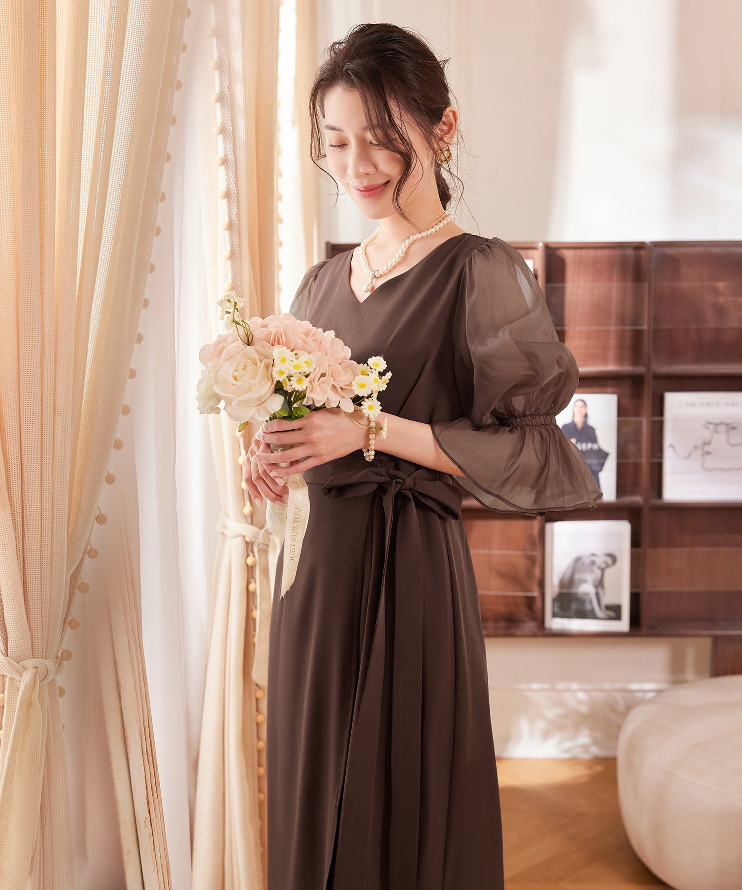 パーティードレス 結婚式 ワンピース シアー素材cy88613 モカ