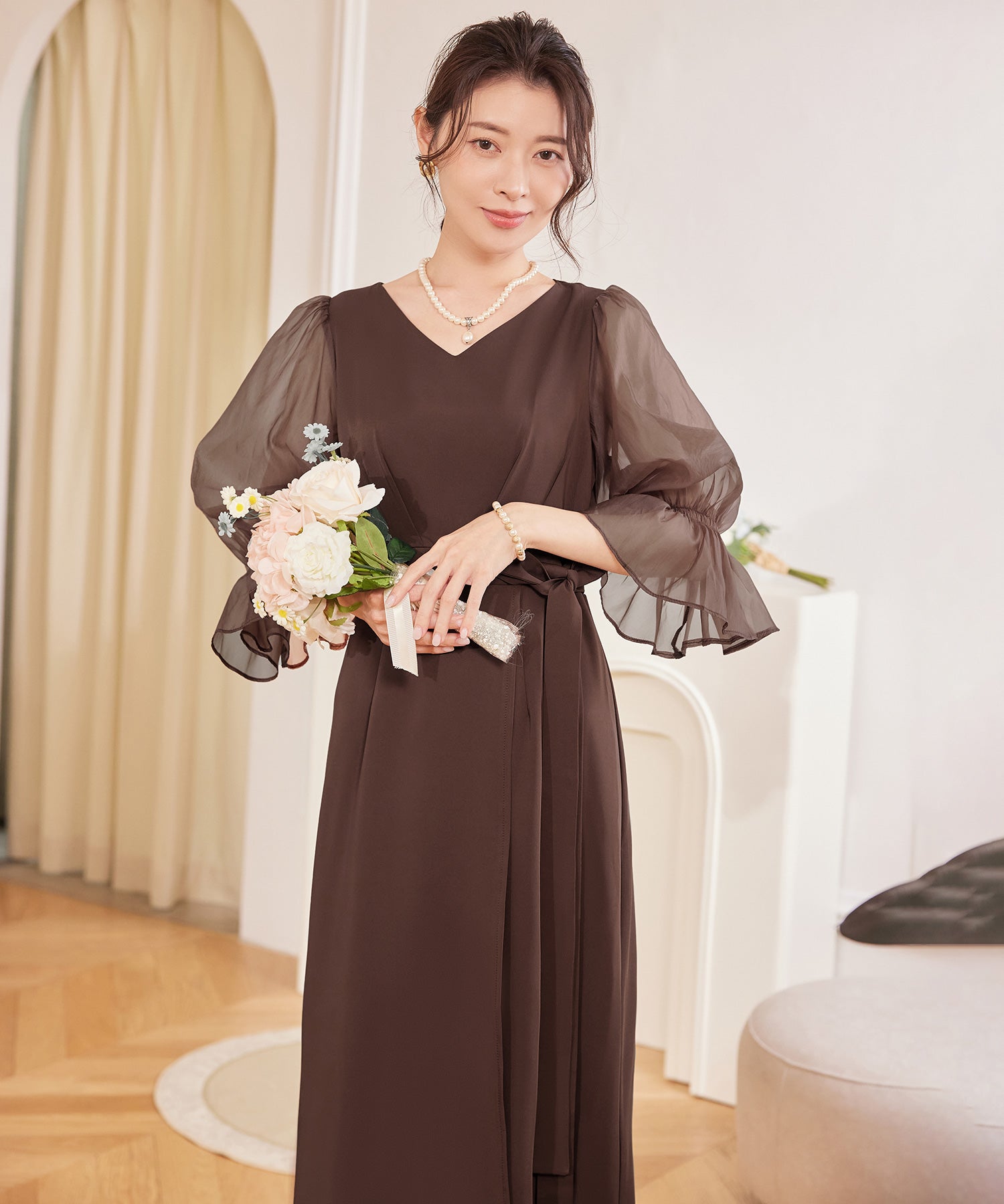 パーティードレス 結婚式 ワンピース シアー素材cy88613 モカ
